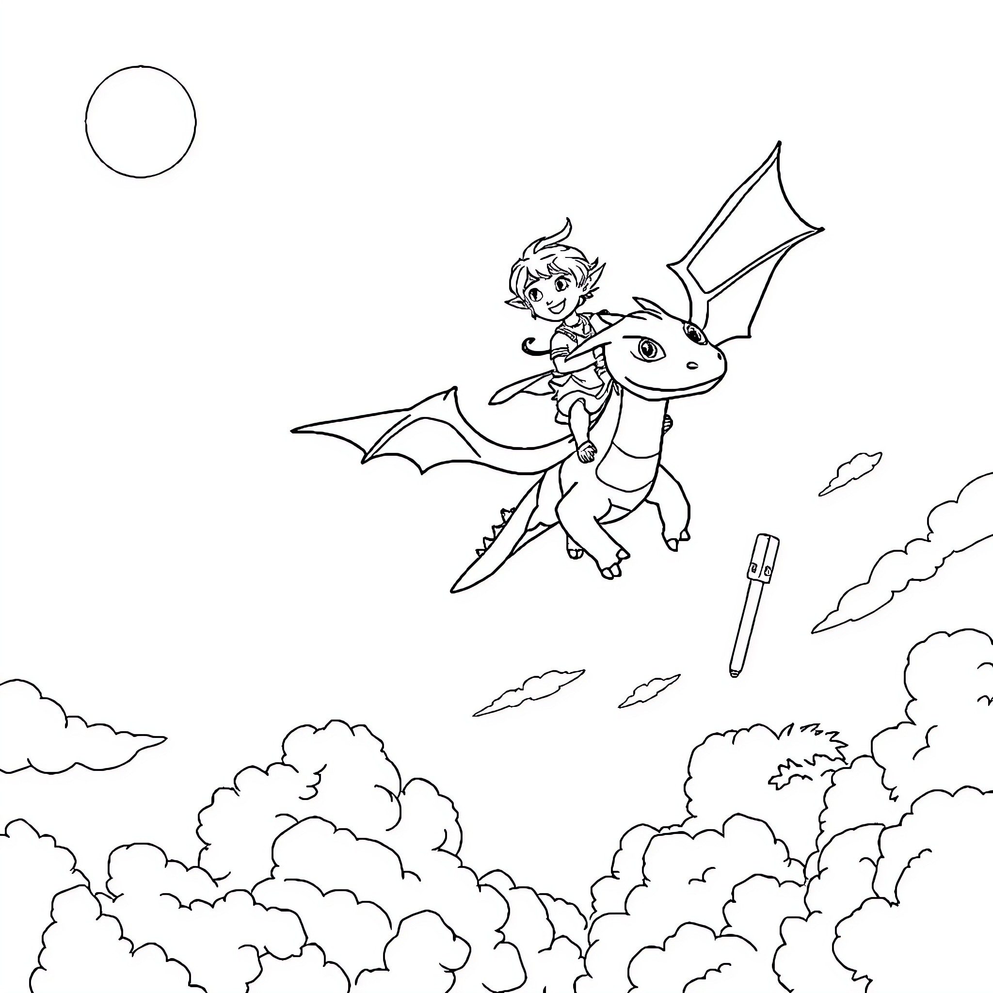Dragon rider soaring through the clouds Coloring Page (free black-and-white line drawing printable PDF for all, from beginners to advanced learners, including children, teens, adults, and seniors)