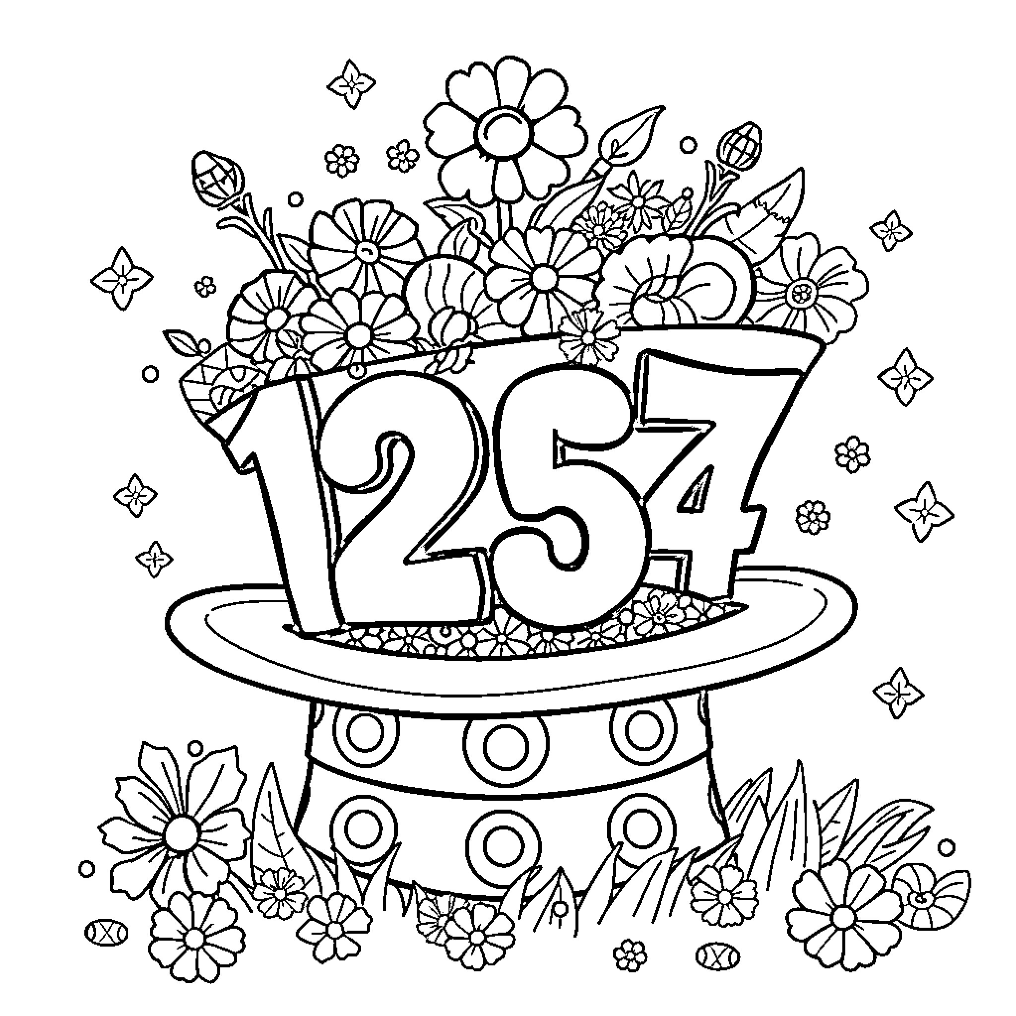 Number 1254 Surrounded by Flowers and Stars Coloring Page (free black-and-white line drawing printable PDF for all, from beginners to advanced learners, including children, teens, adults, and seniors)