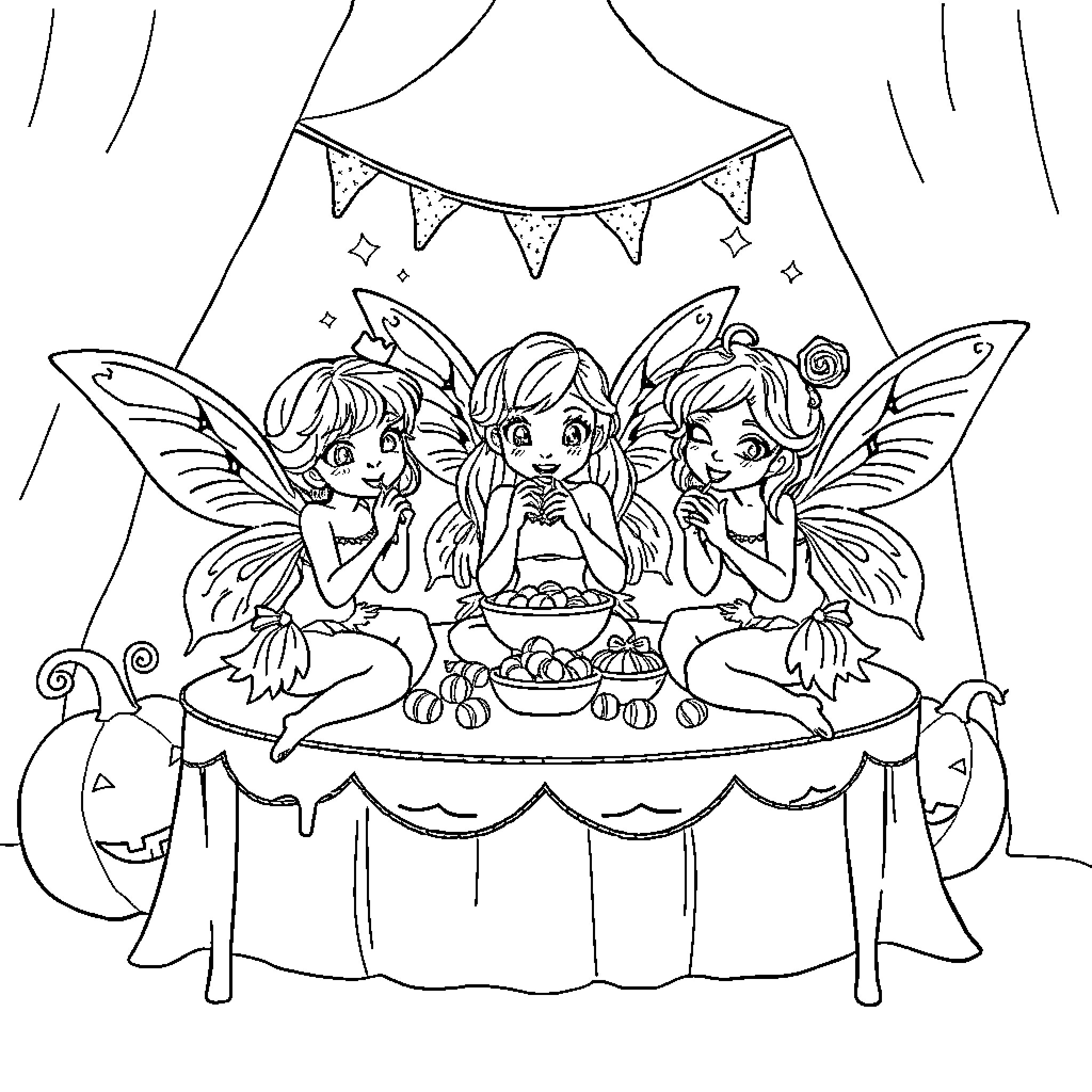 Fairy tea party with whimsical creatures Coloring Page (free black-and-white line drawing printable PDF for all, from beginners to advanced learners, including children, teens, adults, and seniors)