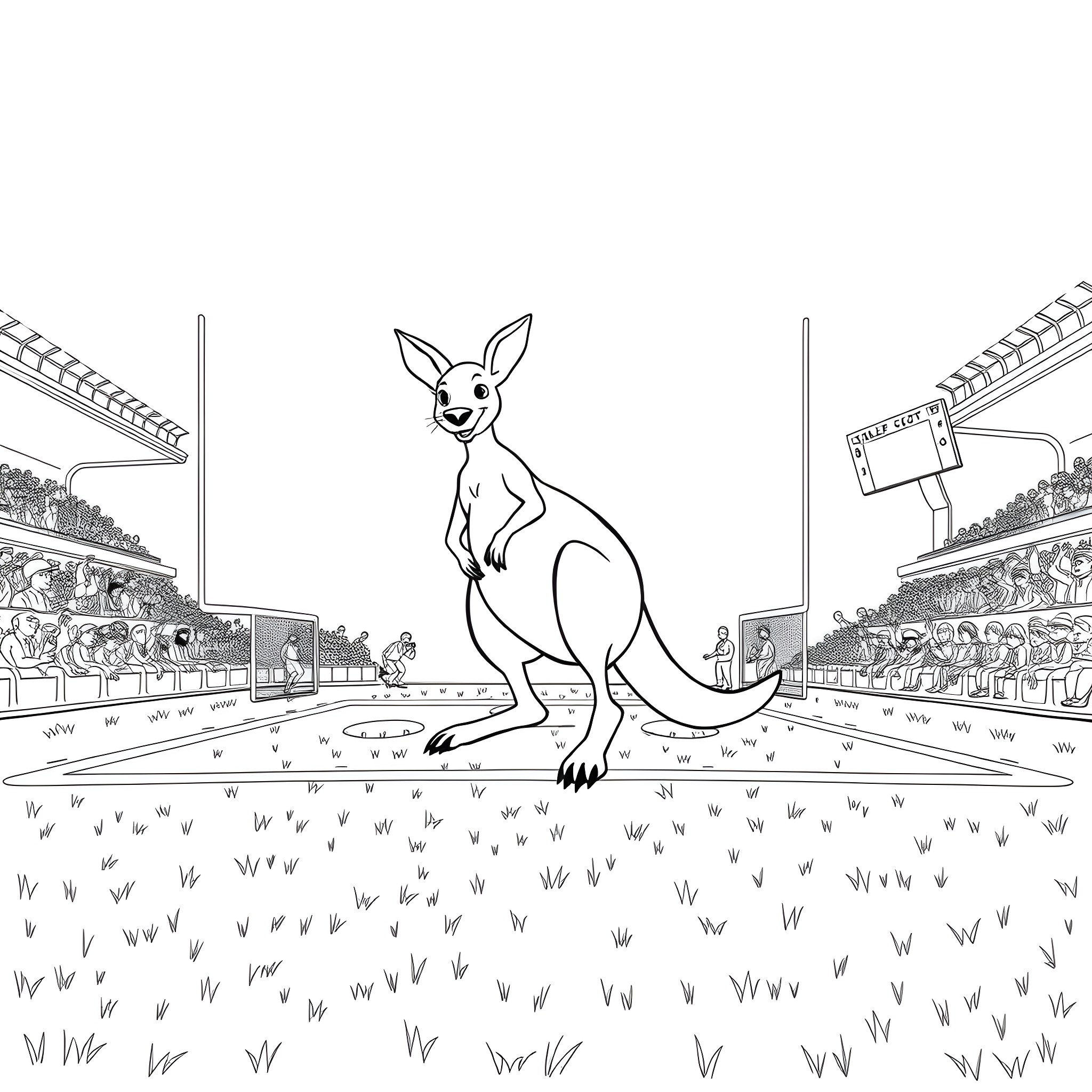 Kangaroo standing in a stadium Coloring Page (free black-and-white line drawing printable PDF for all, from beginners to advanced learners, including children, teens, adults, and seniors)