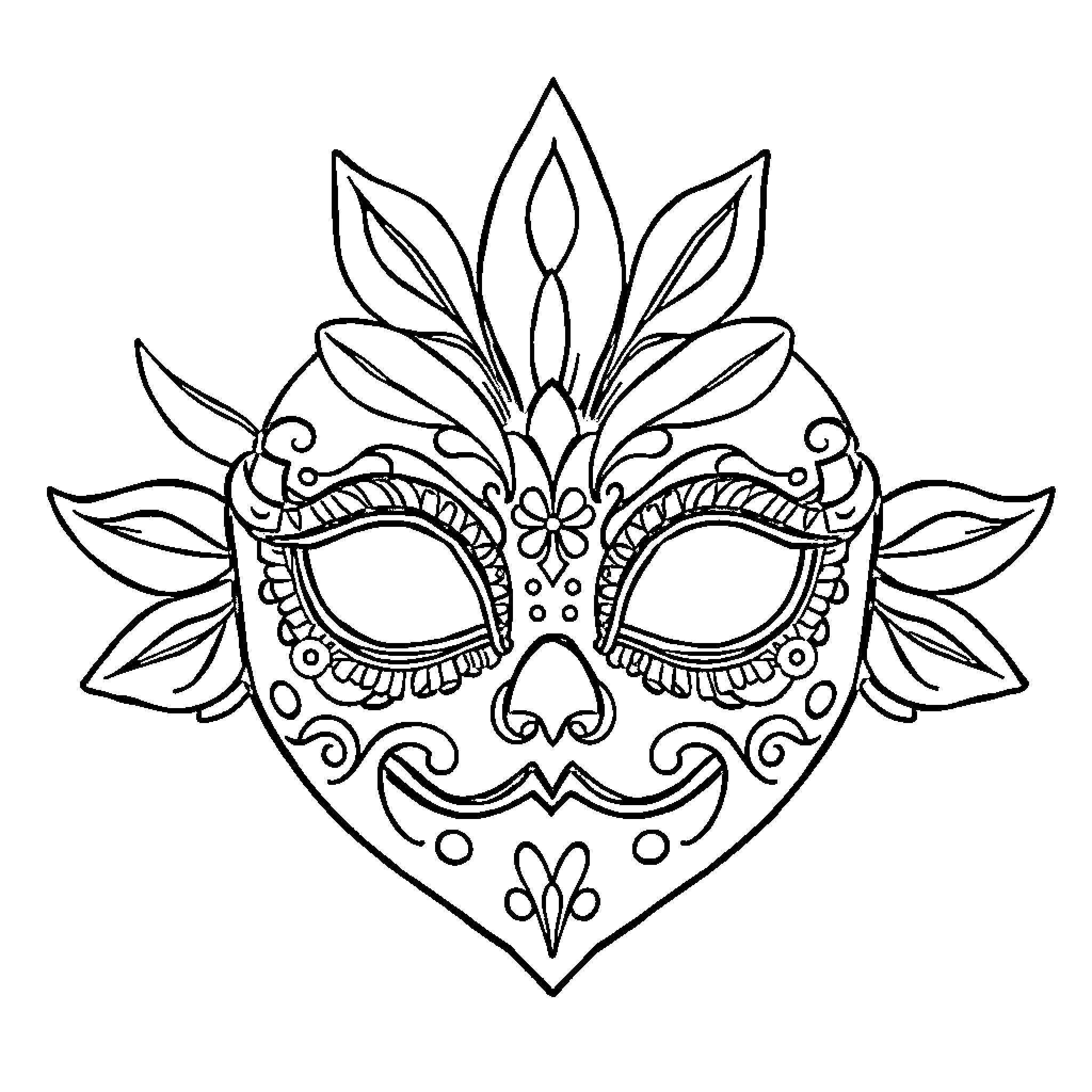 Masque of Intricate Decorative Patterns Coloring Page (free black-and-white line drawing printable PDF for all, from beginners to advanced learners, including children, teens, adults, and seniors)