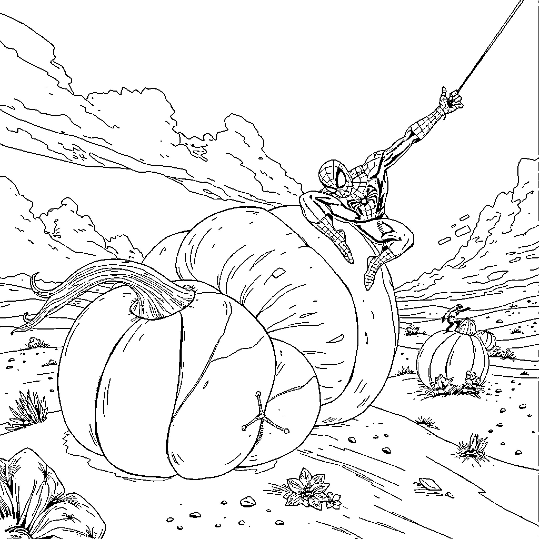Spiderman swinging through a pumpkin-filled landscape Coloring Page (free black-and-white line drawing printable PDF for all, from beginners to advanced learners, including children, teens, adults, and seniors)