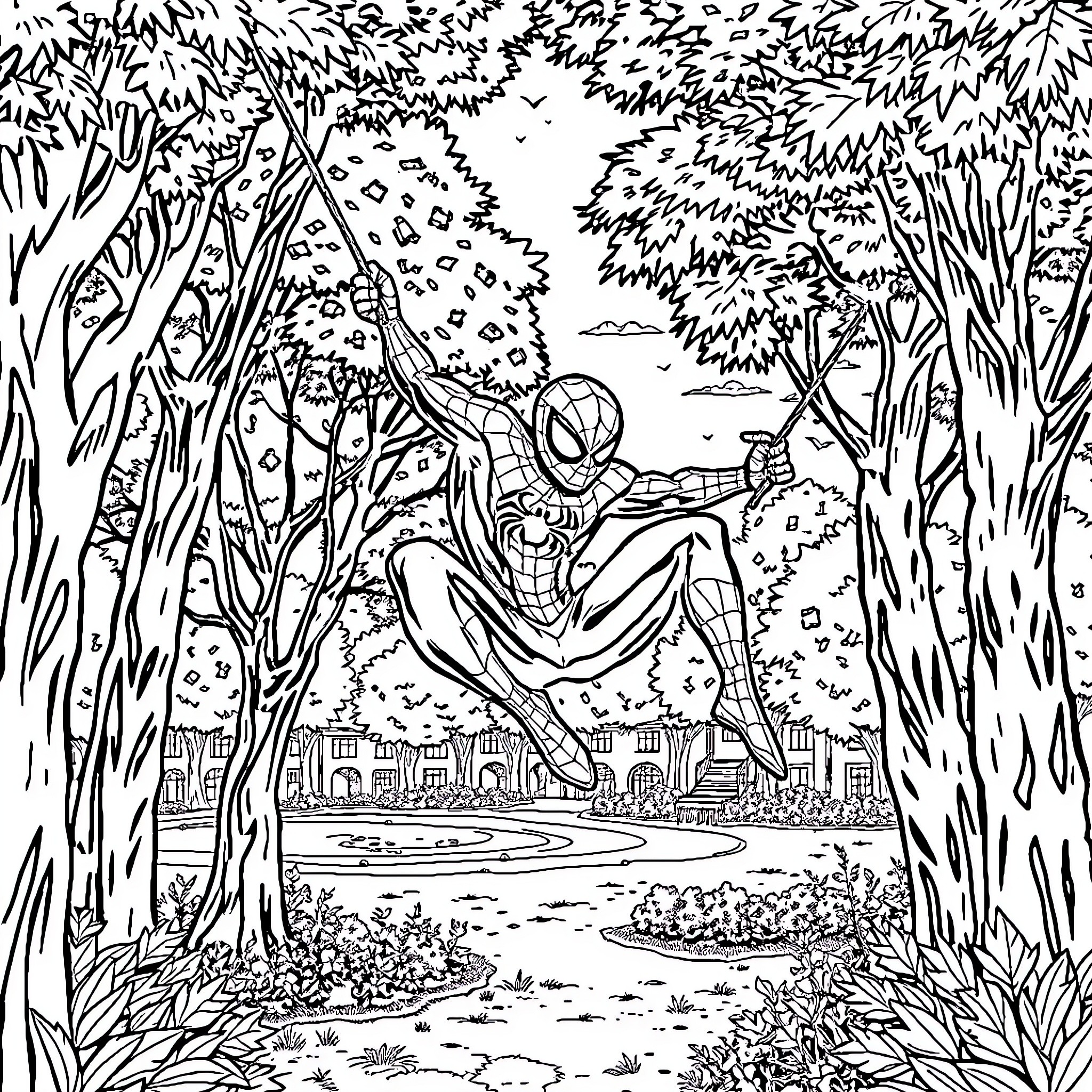 Spiderman swinging through the lush forest Coloring Page (free black-and-white line drawing printable PDF for all, from beginners to advanced learners, including children, teens, adults, and seniors)