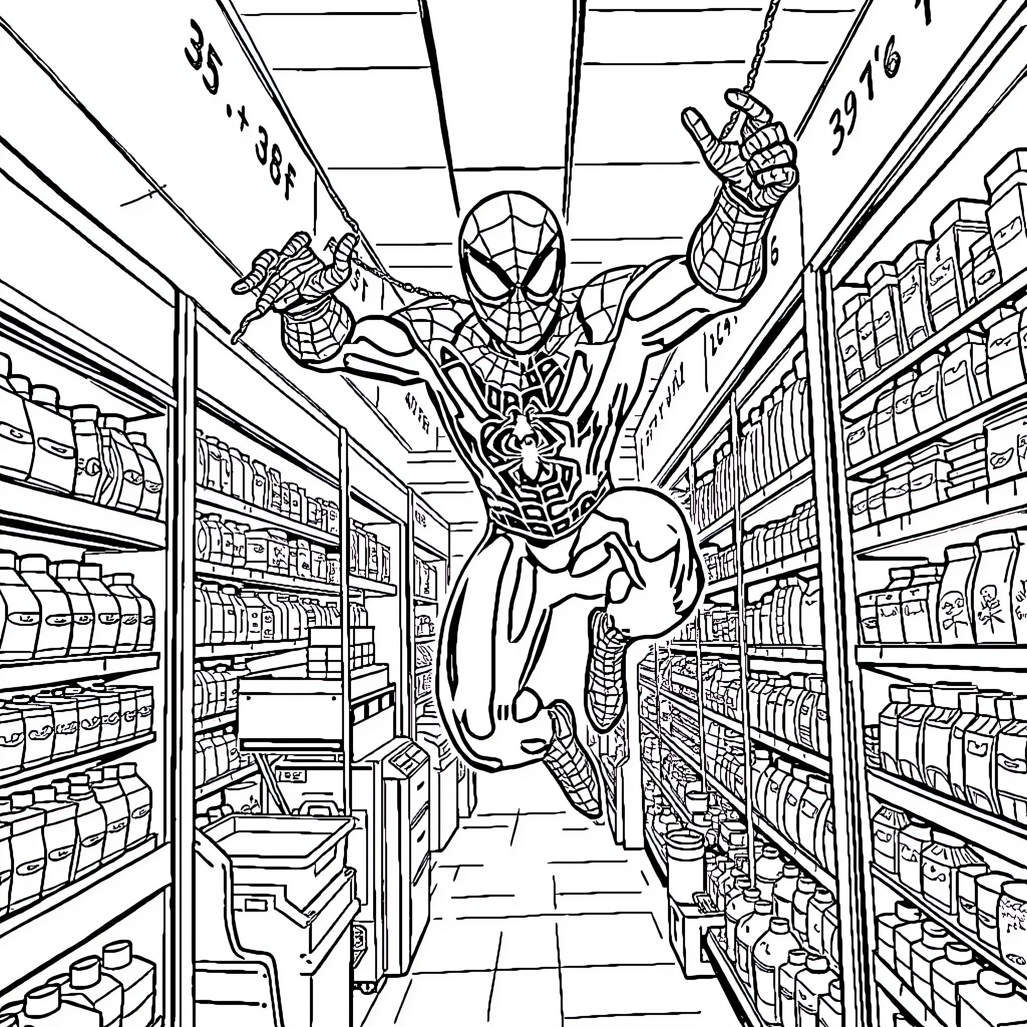 Spider-Man swinging through a grocery store Coloring Page (free black-and-white line drawing printable PDF for all, from beginners to advanced learners, including children, teens, adults, and seniors)