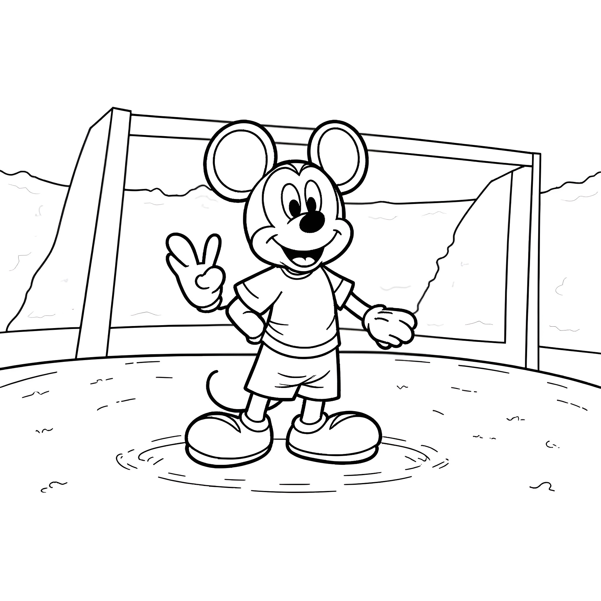Mickey Mouse playing happily on the field Coloring Page (free black-and-white line drawing printable PDF for all, from beginners to advanced learners, including children, teens, adults, and seniors)