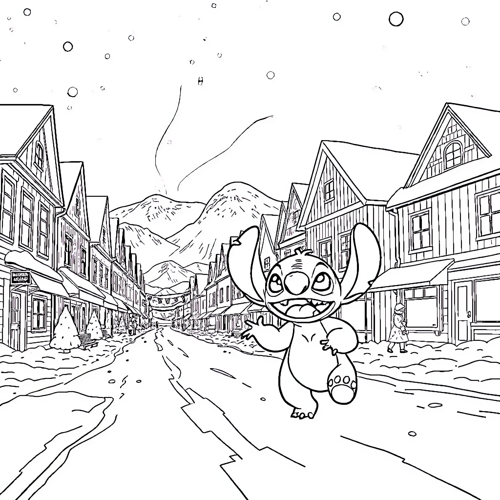 Lilo And Stitch explore a snowy mountain town Coloring Page (free black-and-white line drawing printable PDF for all, from beginners to advanced learners, including children, teens, adults, and seniors)