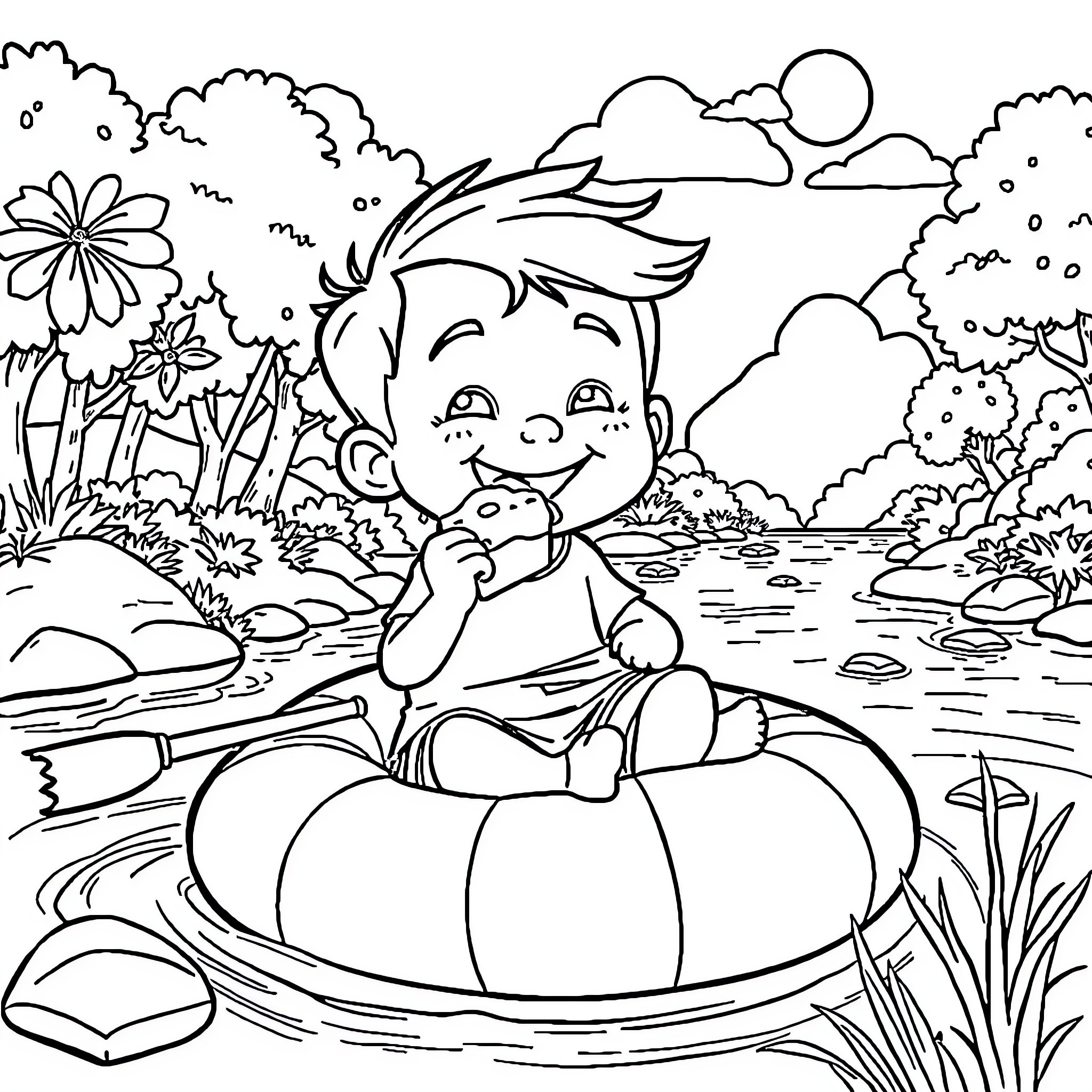 Kid playing joyfully in nature with a pumpkin boat Coloring Page (free black-and-white line drawing printable PDF for all, from beginners to advanced learners, including children, teens, adults, and seniors)
