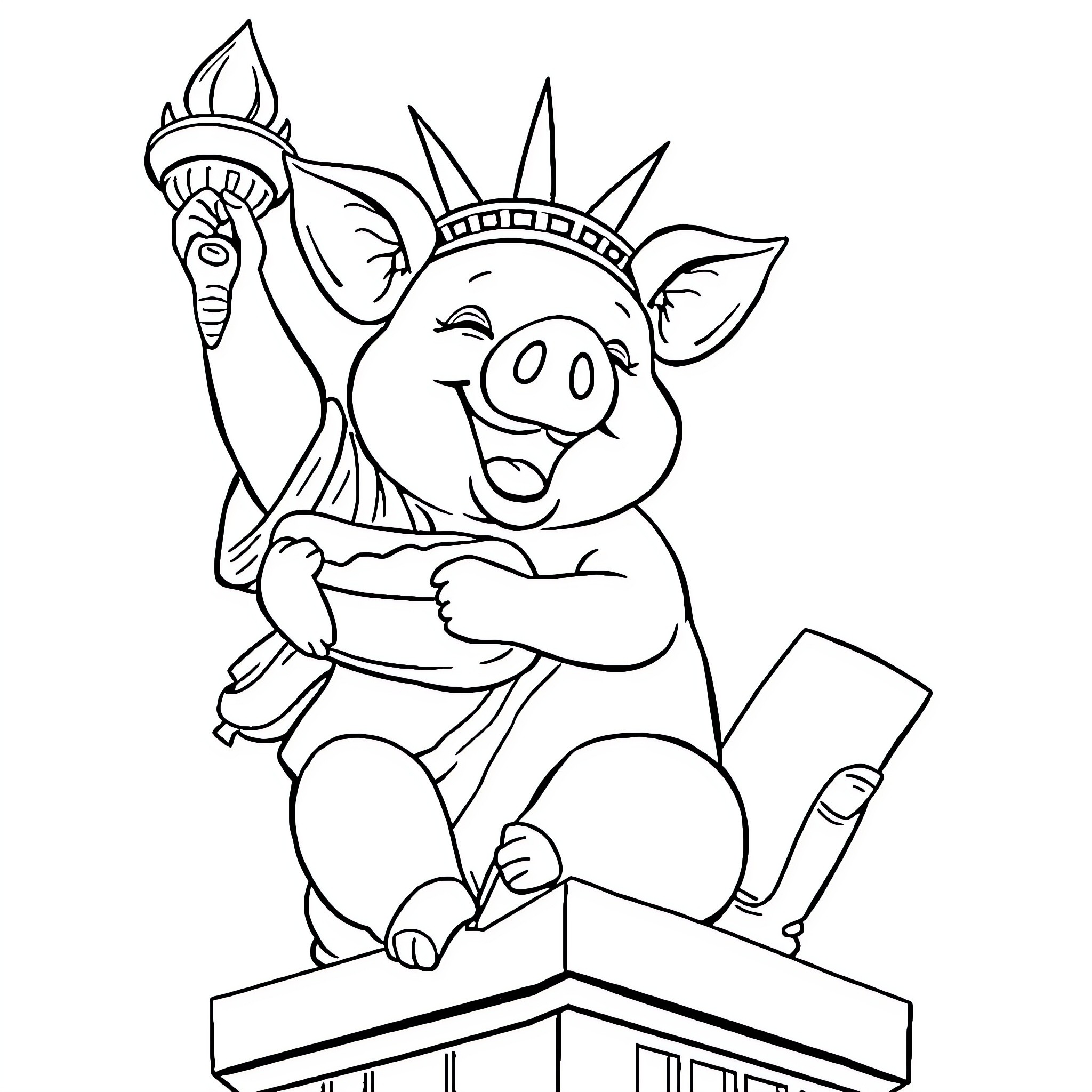 Pig wearing Statue of Liberty costume holding a torch Coloring Page (free black-and-white line drawing printable PDF for all, from beginners to advanced learners, including children, teens, adults, and seniors)