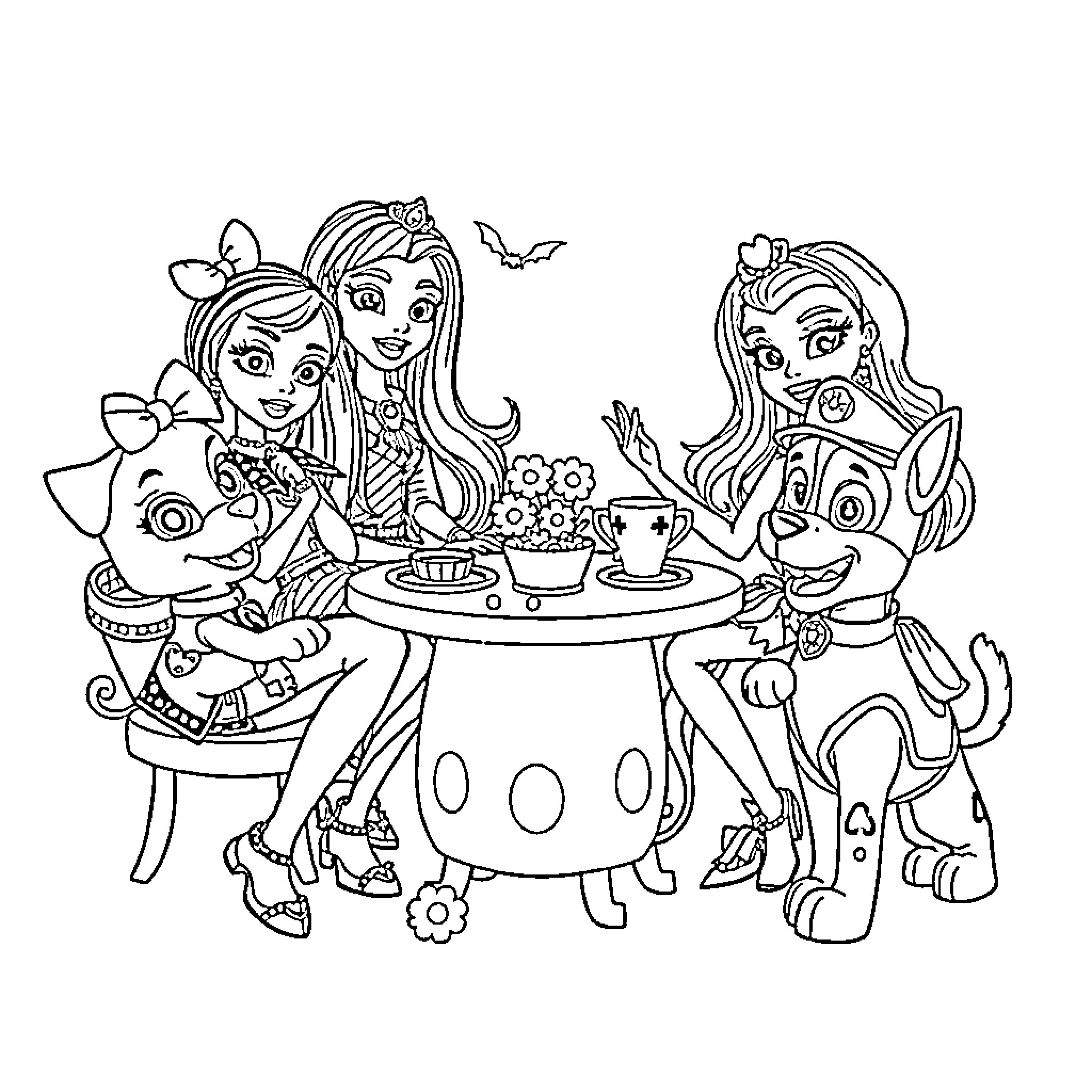 Character Tea Party with Whimsical Creatures Coloring Page (free black-and-white line drawing printable PDF for all, from beginners to advanced learners, including children, teens, adults, and seniors)