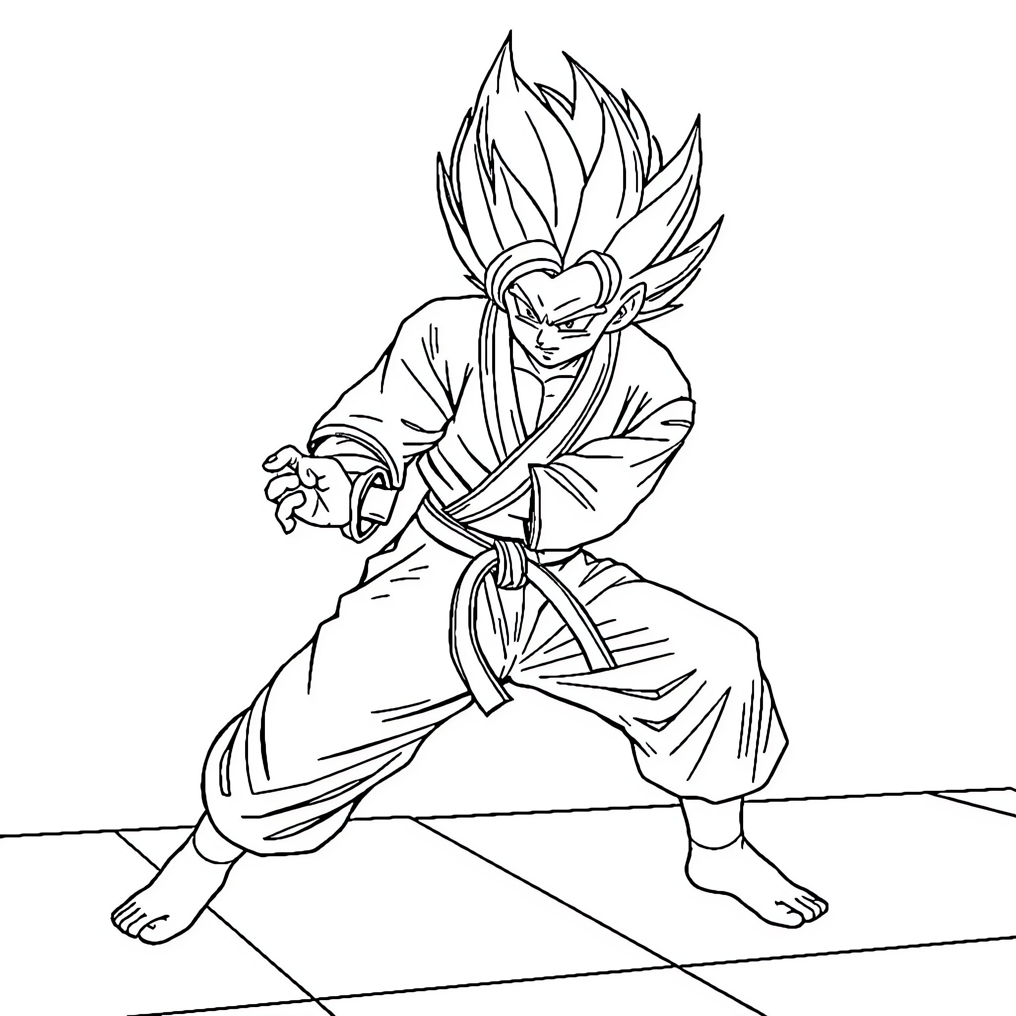 Vegeta in fighting stance with determined expression Coloring Page (free black-and-white line drawing printable PDF for all, from beginners to advanced learners, including children, teens, adults, and seniors)