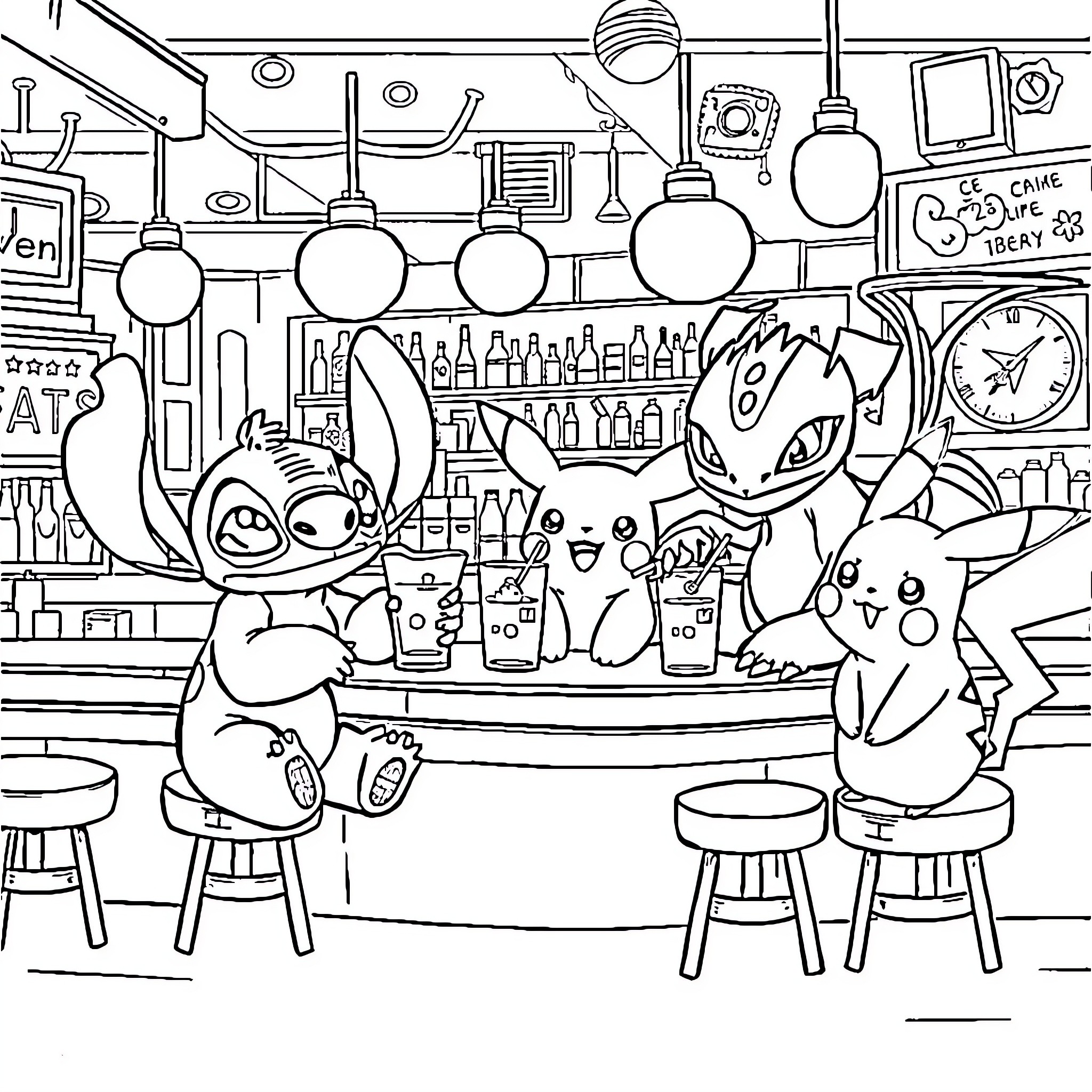 Character Enjoying Lively Cartoon Bar Scene Coloring Page (free black-and-white line drawing printable PDF for all, from beginners to advanced learners, including children, teens, adults, and seniors)