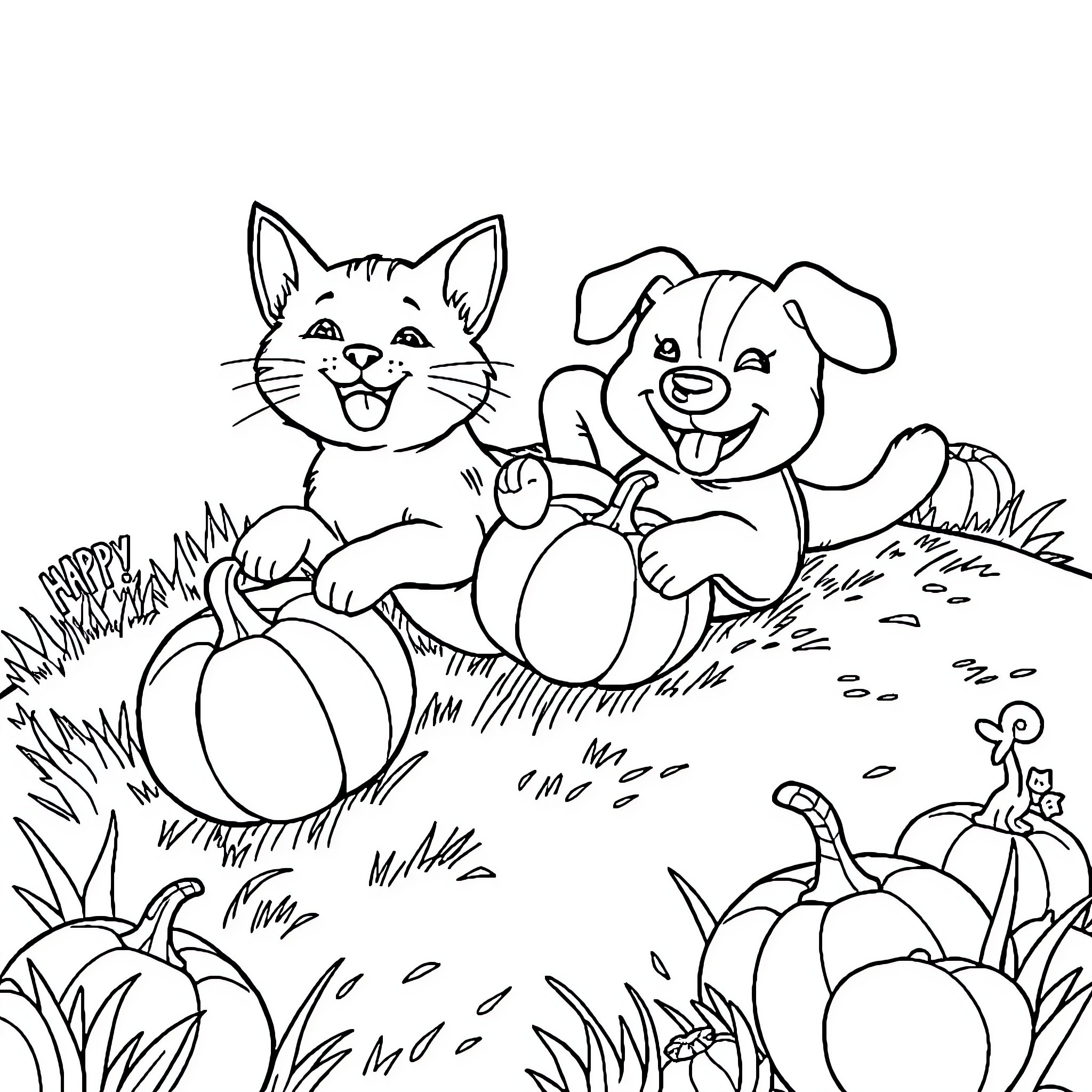 Cat and dog playing together in the autumn garden Coloring Page (free black-and-white line drawing printable PDF for all, from beginners to advanced learners, including children, teens, adults, and seniors)