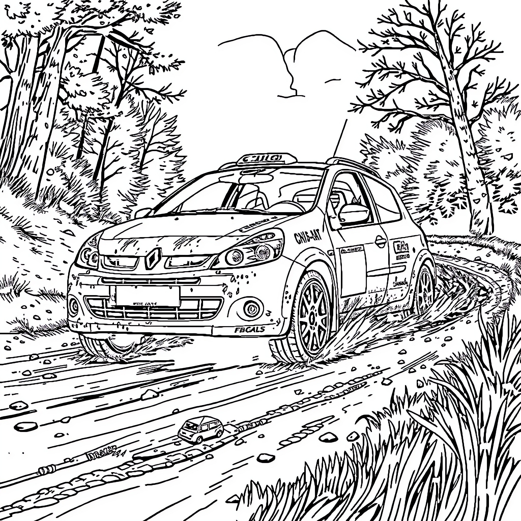 Clio's Off-Road Adventure in the Forest Coloring Page (free black-and-white line drawing printable PDF for all, from beginners to advanced learners, including children, teens, adults, and seniors)