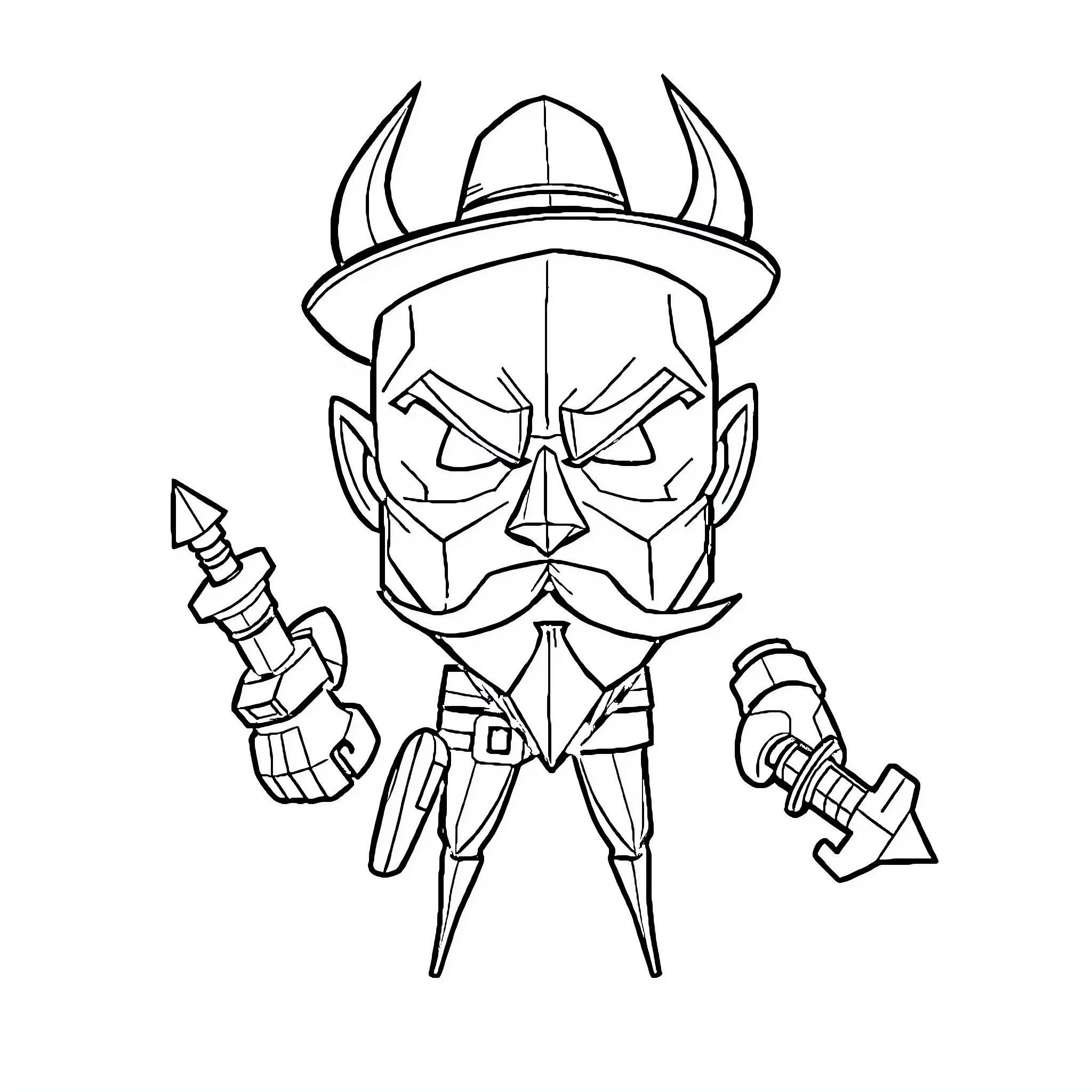 Badman Fiendish Warrior with Dangerous Weapons Coloring Page (free black-and-white line drawing printable PDF for all, from beginners to advanced learners, including children, teens, adults, and seniors)