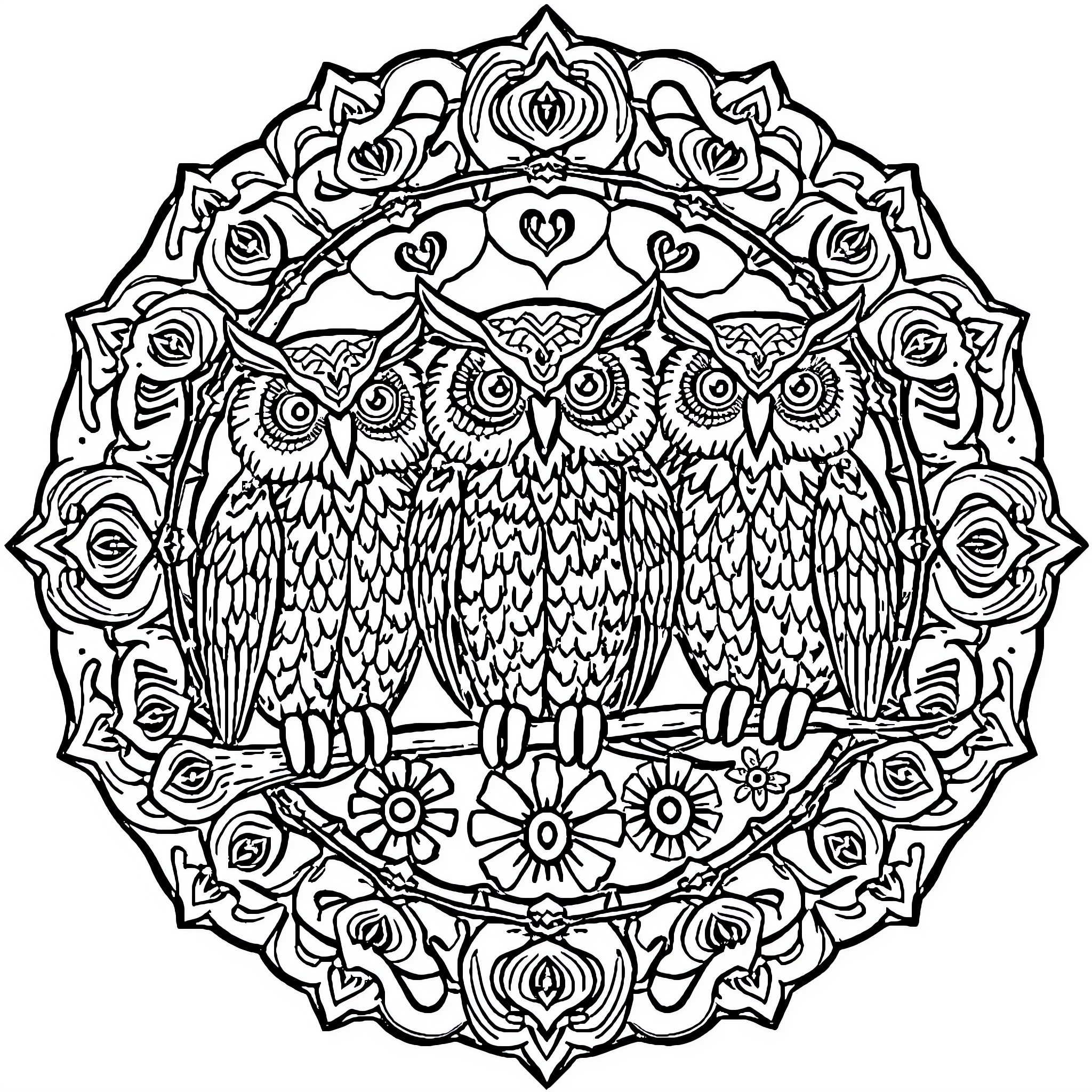 Owl Mandala with Floral Ornaments Coloring Page (free black-and-white line drawing printable PDF for all, from beginners to advanced learners, including children, teens, adults, and seniors)