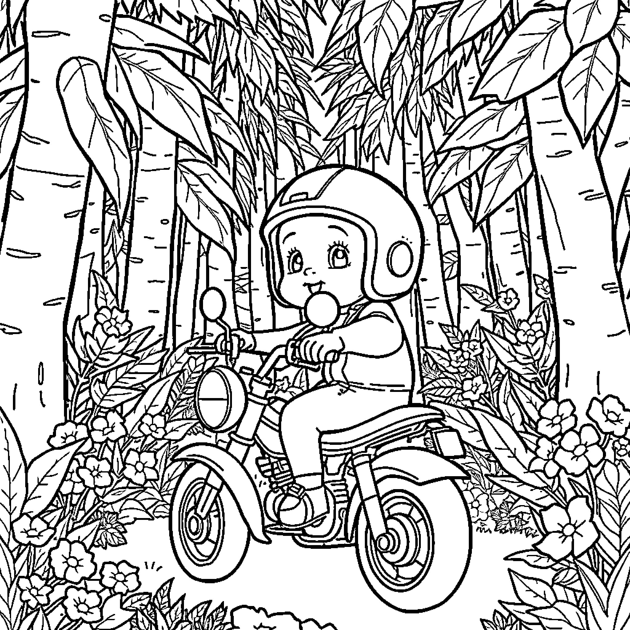 Baby riding motorcycle through lush forest Coloring Page (free black-and-white line drawing printable PDF for all, from beginners to advanced learners, including children, teens, adults, and seniors)