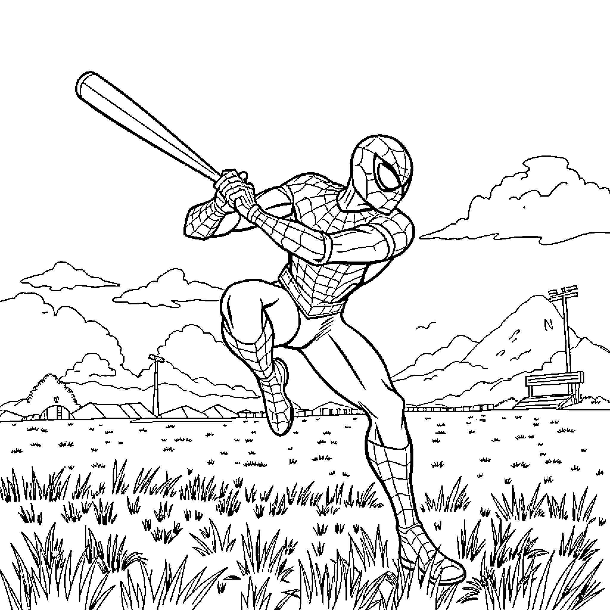 Spiderman swinging through the city skyline Coloring Page (free black-and-white line drawing printable PDF for all, from beginners to advanced learners, including children, teens, adults, and seniors)