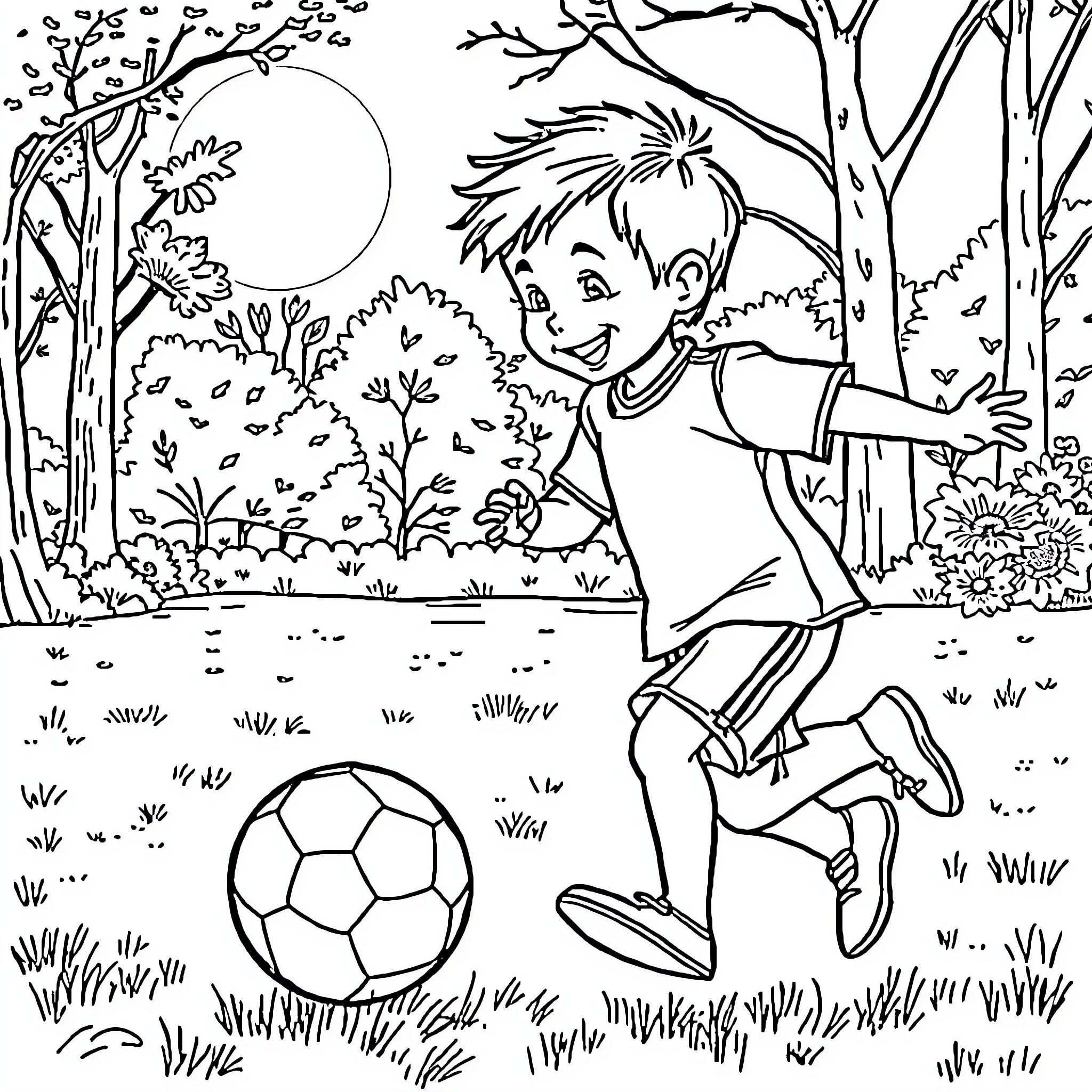 Child playing with a soccer ball in the forest Coloring Page (free black-and-white line drawing printable PDF for all, from beginners to advanced learners, including children, teens, adults, and seniors)