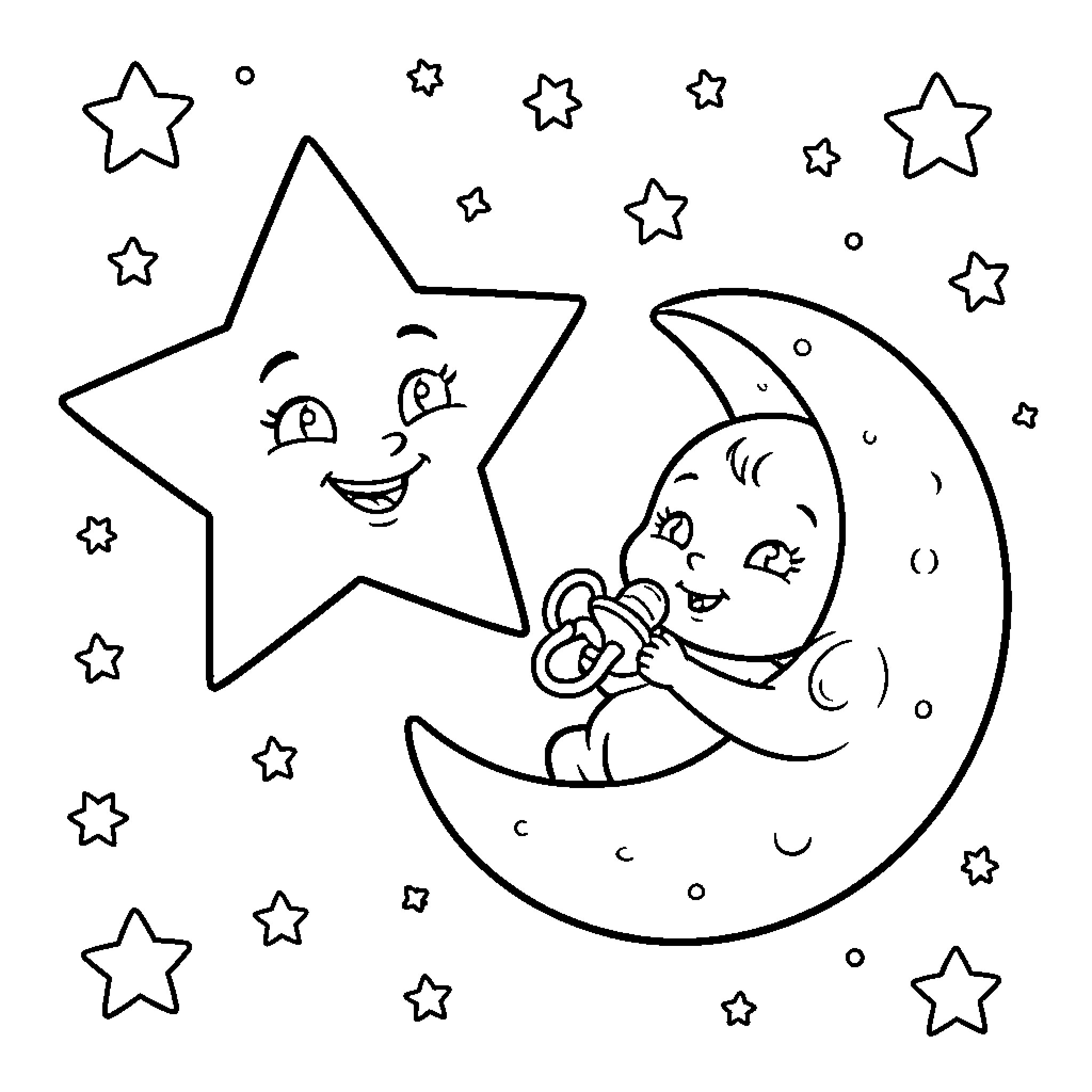 Estrella playing with the happy moon Coloring Page (free black-and-white line drawing printable PDF for all, from beginners to advanced learners, including children, teens, adults, and seniors)