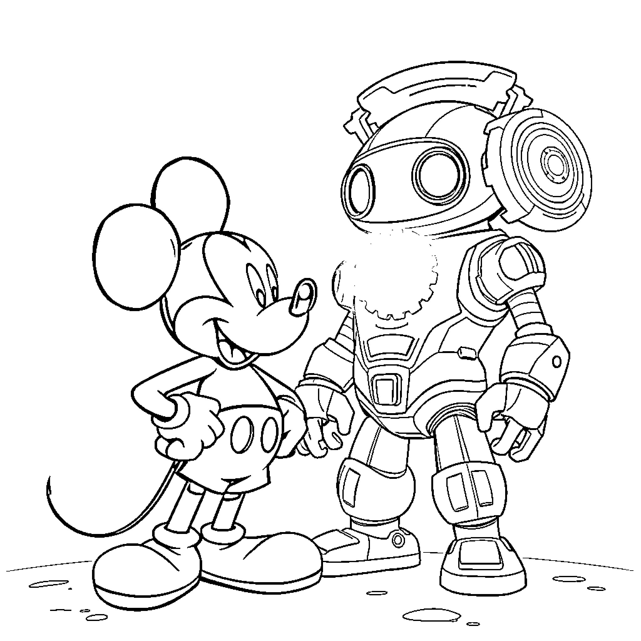 Mickey Mouse and his robotic companion Coloring Page (free black-and-white line drawing printable PDF for all, from beginners to advanced learners, including children, teens, adults, and seniors)