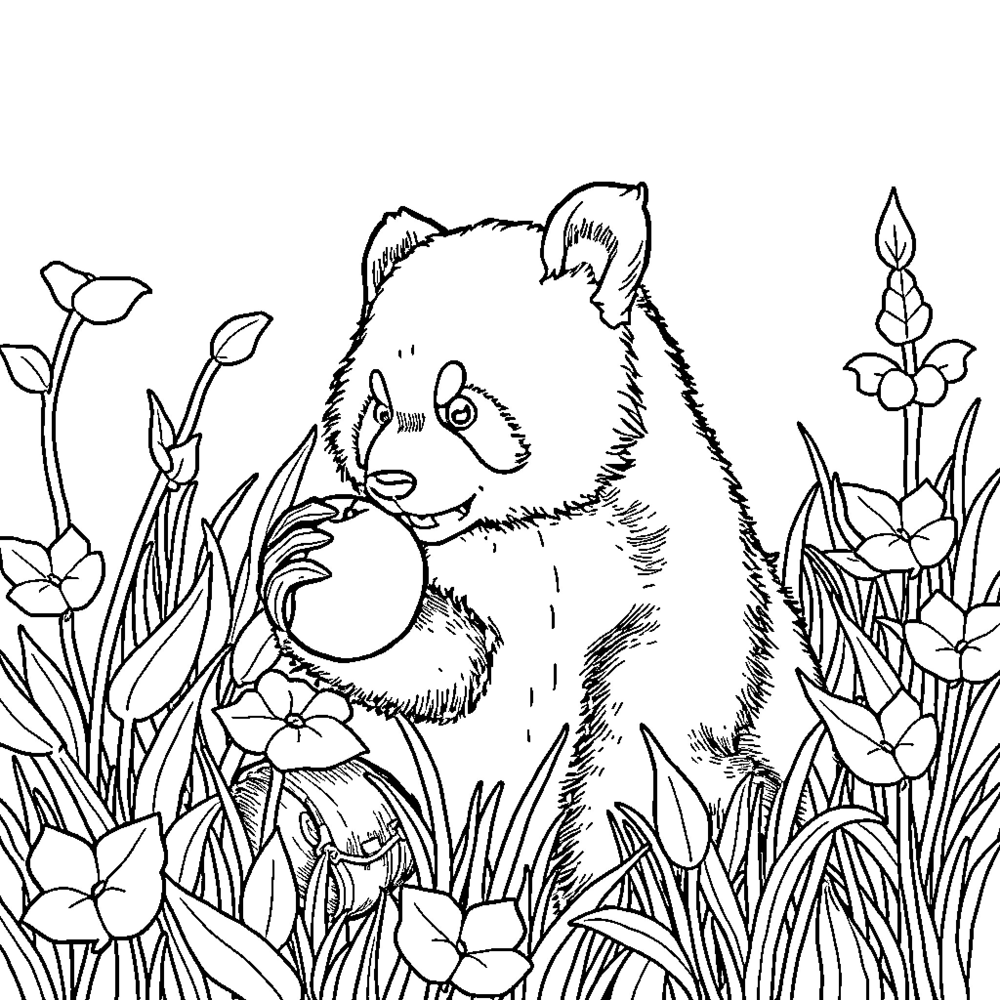 Panda relaxing in a floral garden Coloring Page (free black-and-white line drawing printable PDF for all, from beginners to advanced learners, including children, teens, adults, and seniors)