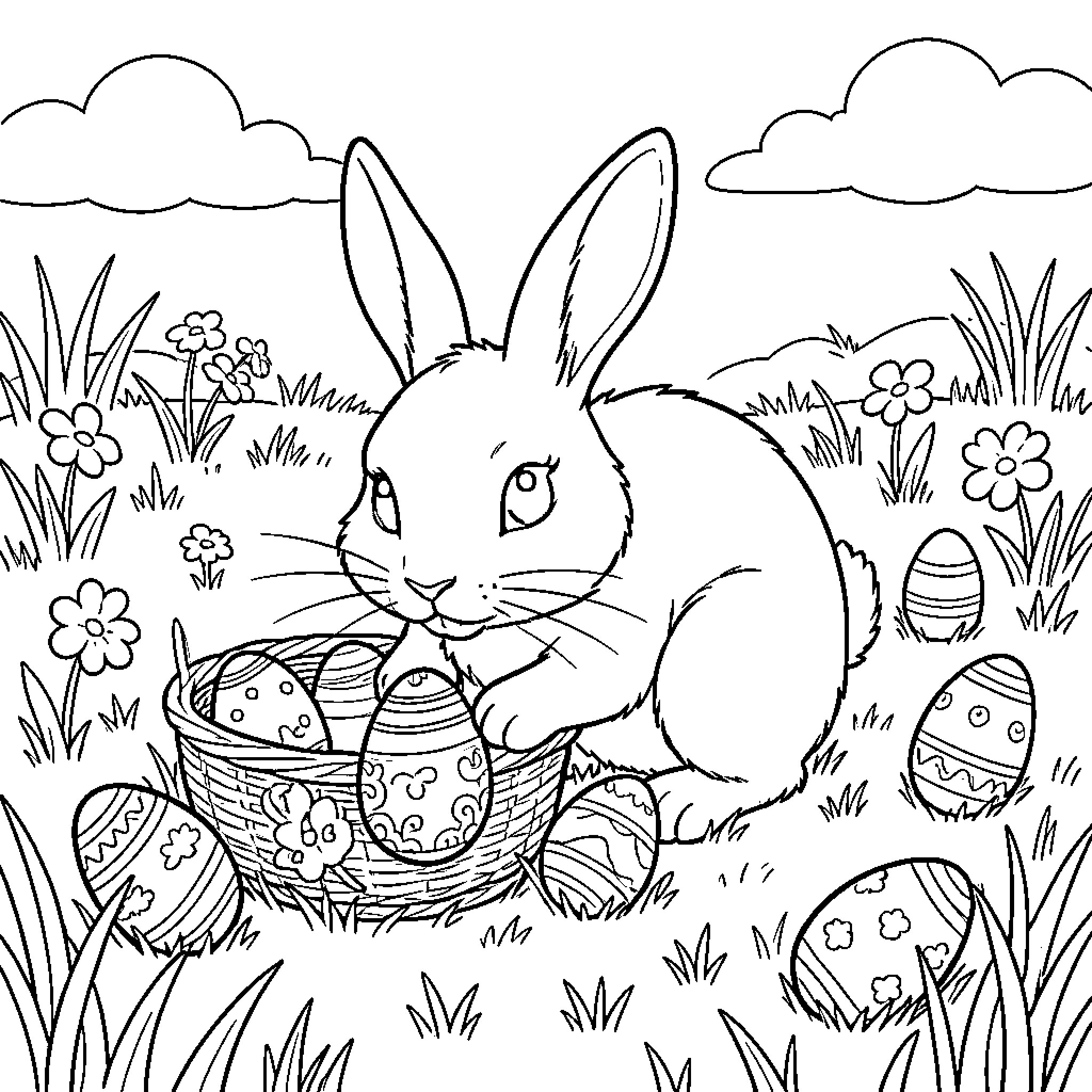 Easter Bunny Enjoying Easter Egg Hunt in Flower Garden Coloring Page (free black-and-white line drawing printable PDF for all, from beginners to advanced learners, including children, teens, adults, and seniors)