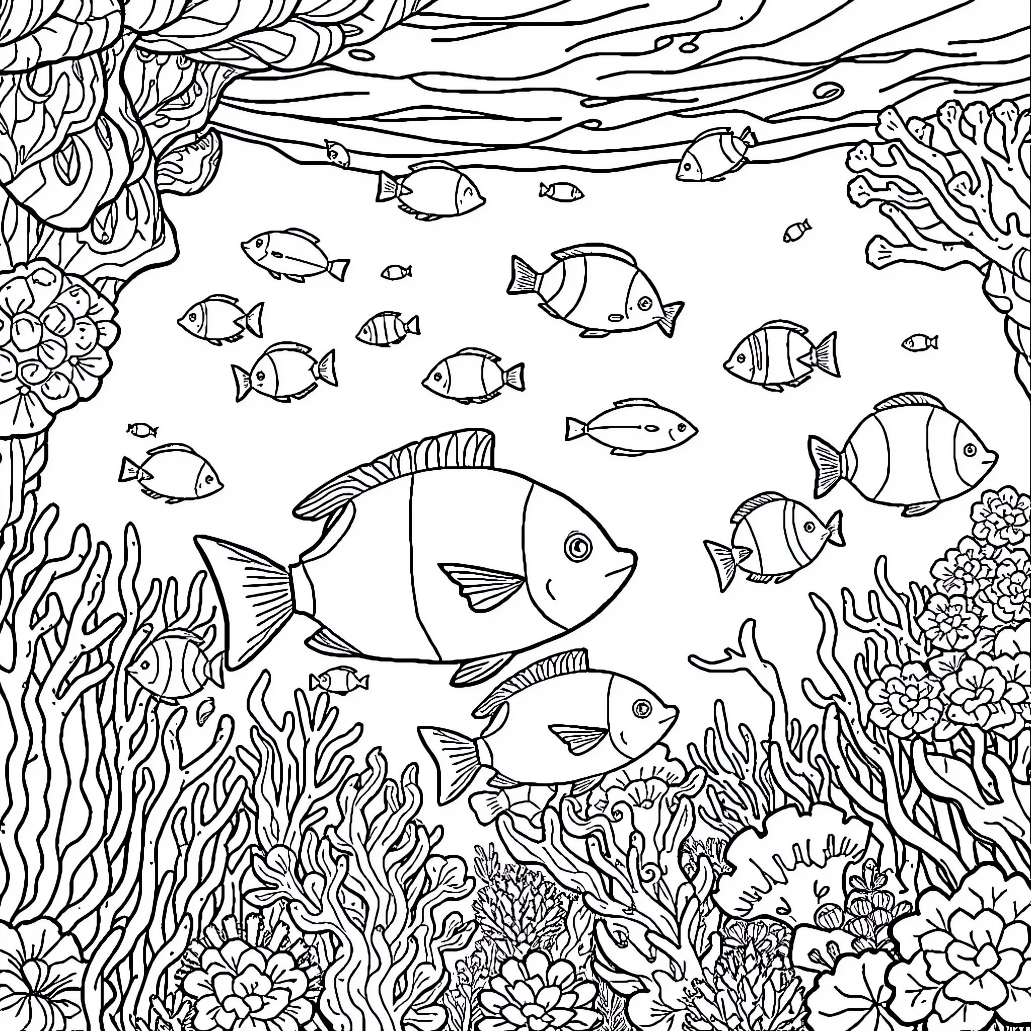 Fish swimming in a vibrant underwater scene Coloring Page (free black-and-white line drawing printable PDF for all, from beginners to advanced learners, including children, teens, adults, and seniors)