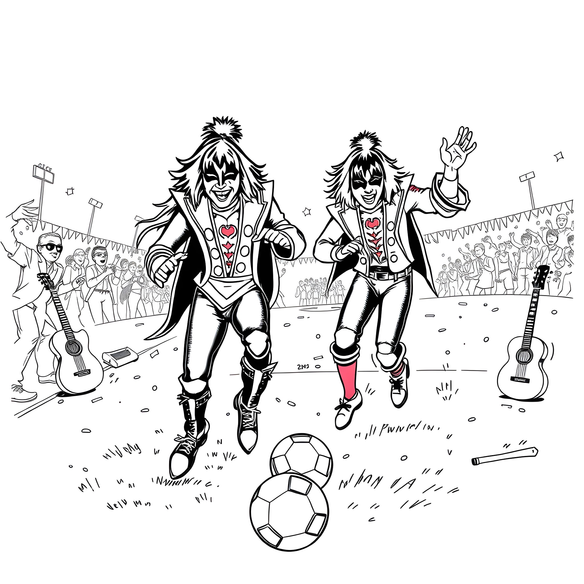 Kiss between two punky performers on stage Coloring Page (free black-and-white line drawing printable PDF for all, from beginners to advanced learners, including children, teens, adults, and seniors)