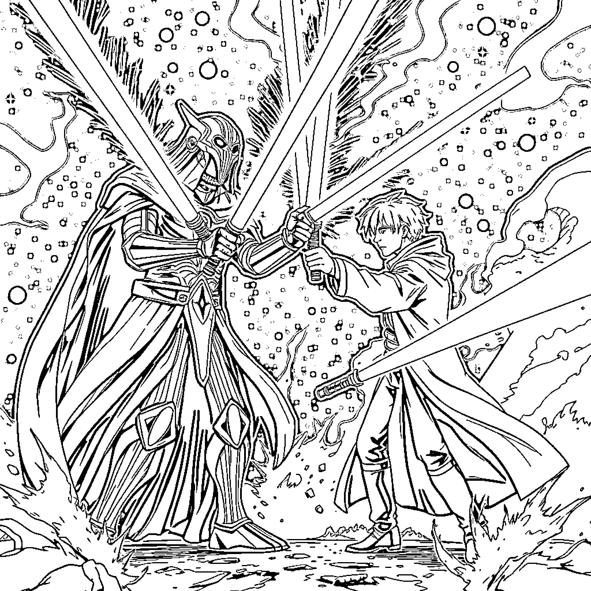 General Grievous battling with lightsabers in a snowy landscape Coloring Page (free black-and-white line drawing printable PDF for all, from beginners to advanced learners, including children, teens, adults, and seniors)