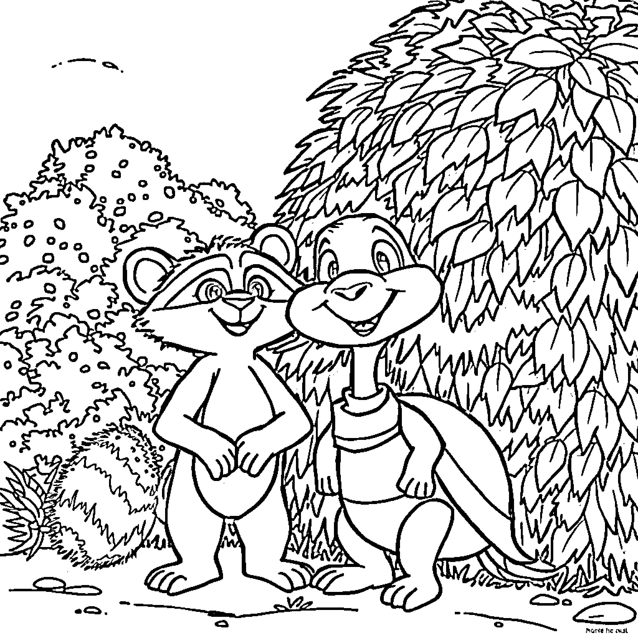 Hedge Character Exploring the Lush Forest Coloring Page (free black-and-white line drawing printable PDF for all, from beginners to advanced learners, including children, teens, adults, and seniors)