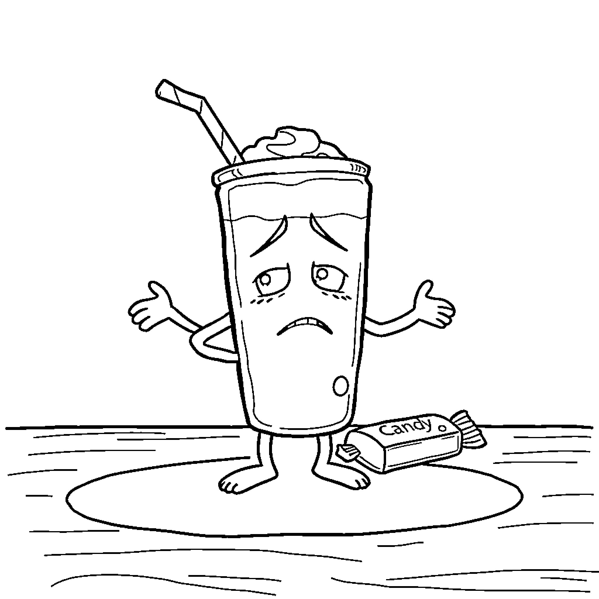Protein Shake Feeling Rejected Coloring Page (free black-and-white line drawing printable PDF for all, from beginners to advanced learners, including children, teens, adults, and seniors)