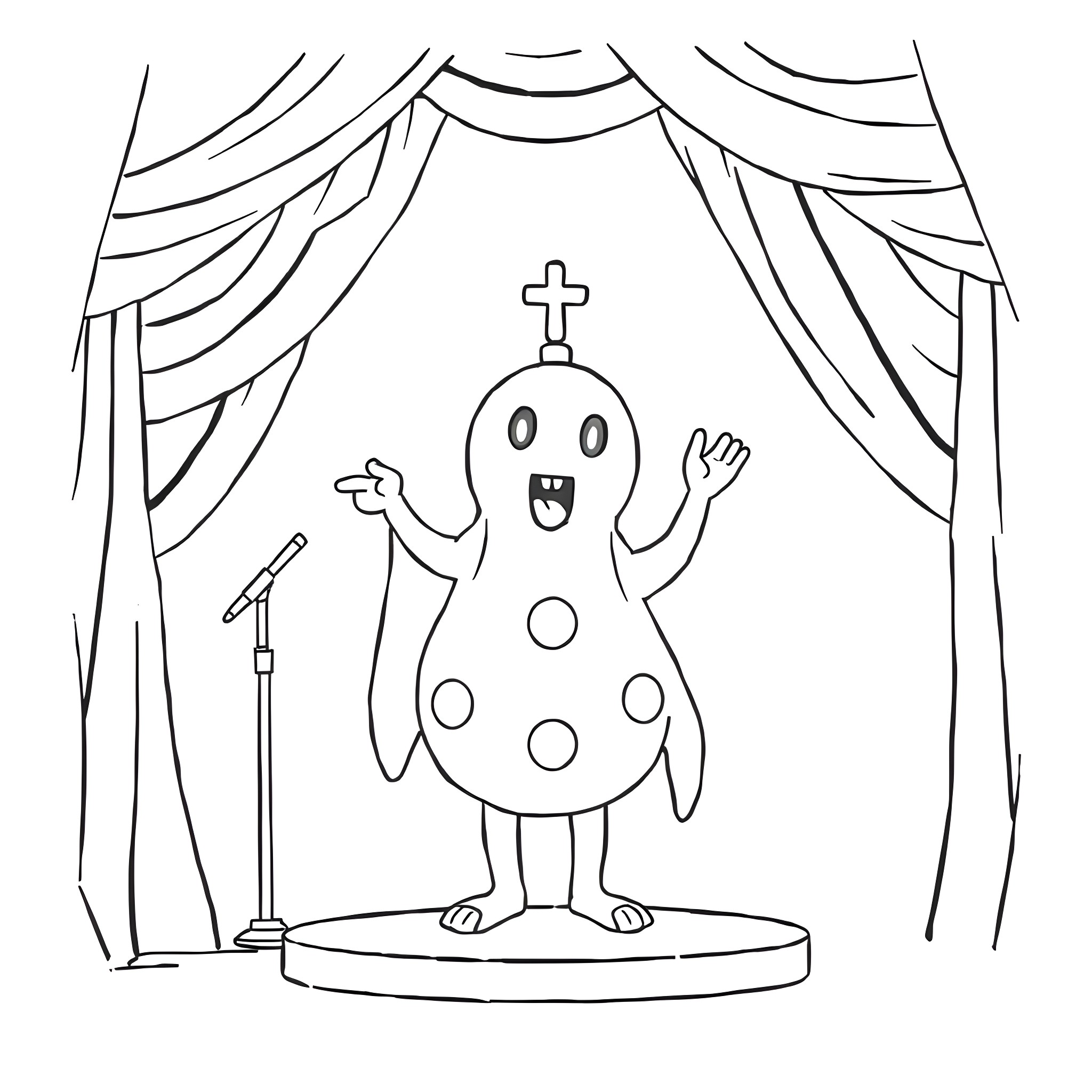 Vessel with strange creature on stage Coloring Page (free black-and-white line drawing printable PDF for all, from beginners to advanced learners, including children, teens, adults, and seniors)
