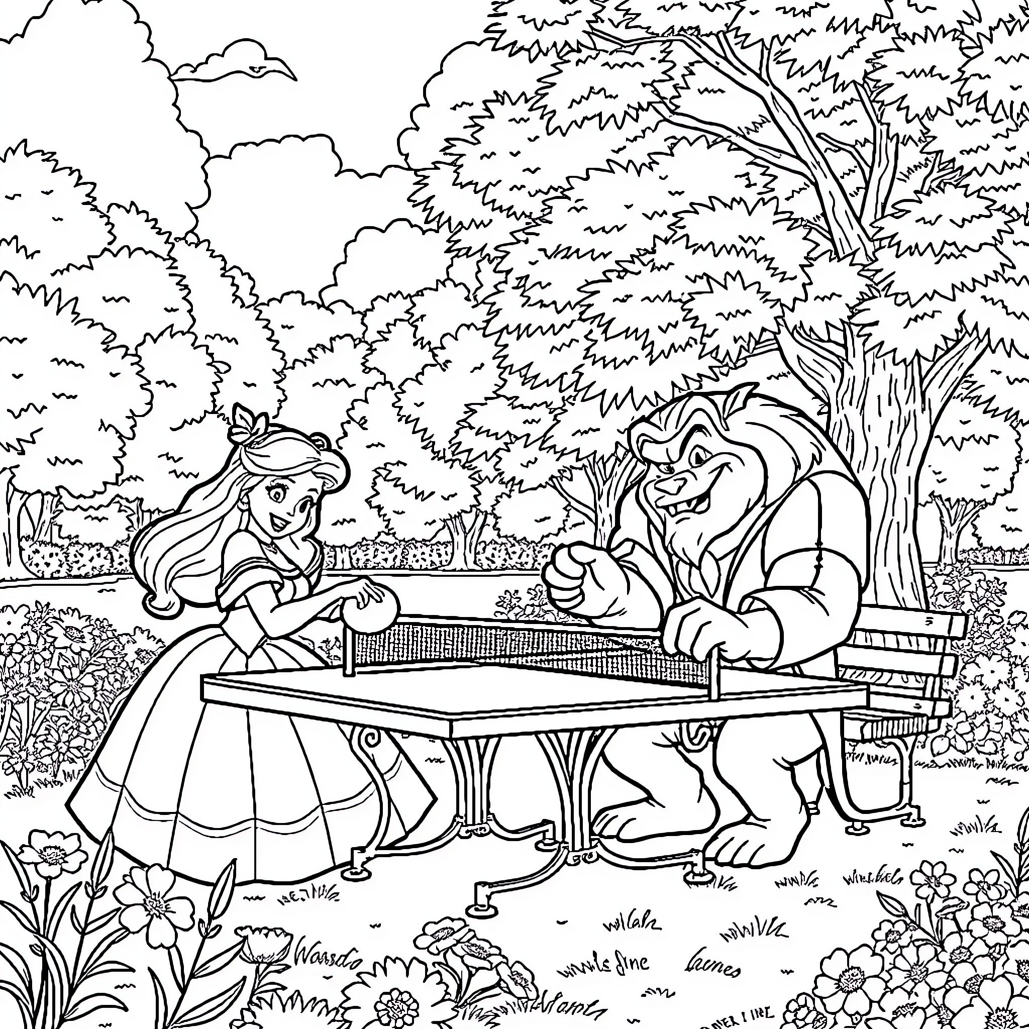 Belle and the Beast enjoying tea in the garden Coloring Page (free black-and-white line drawing printable PDF for all, from beginners to advanced learners, including children, teens, adults, and seniors)