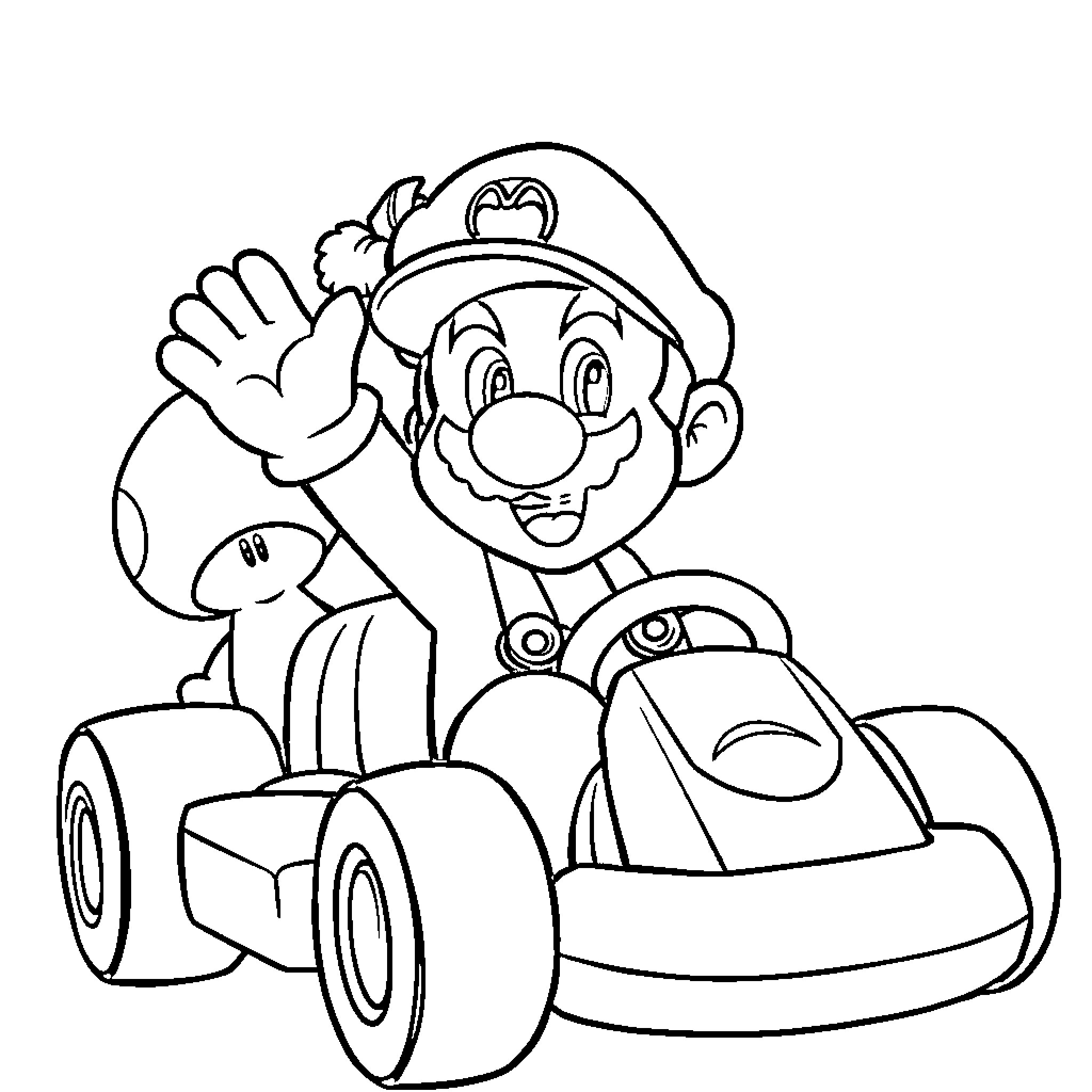 Mario driving in his kart joyfully Coloring Page (free black-and-white line drawing printable PDF for all, from beginners to advanced learners, including children, teens, adults, and seniors)