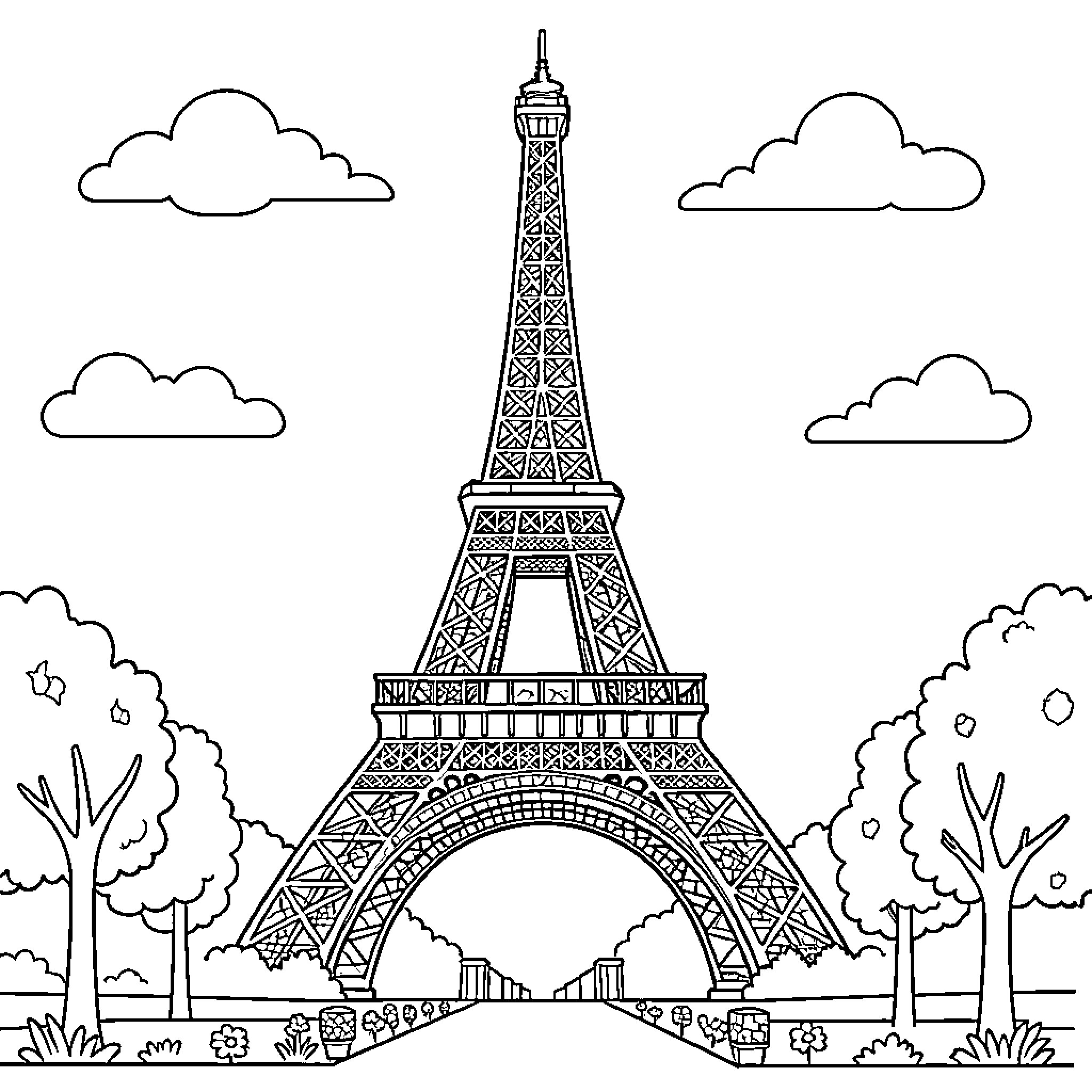Eiffel Tower standing tall amidst clouds and trees Coloring Page (free black-and-white line drawing printable PDF for all, from beginners to advanced learners, including children, teens, adults, and seniors)