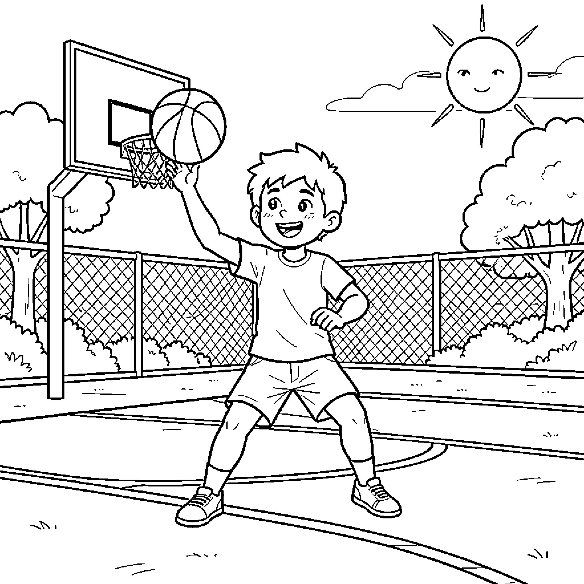 Child playing basketball on outdoor court Coloring Page (free black-and-white line drawing printable PDF for all, from beginners to advanced learners, including children, teens, adults, and seniors)