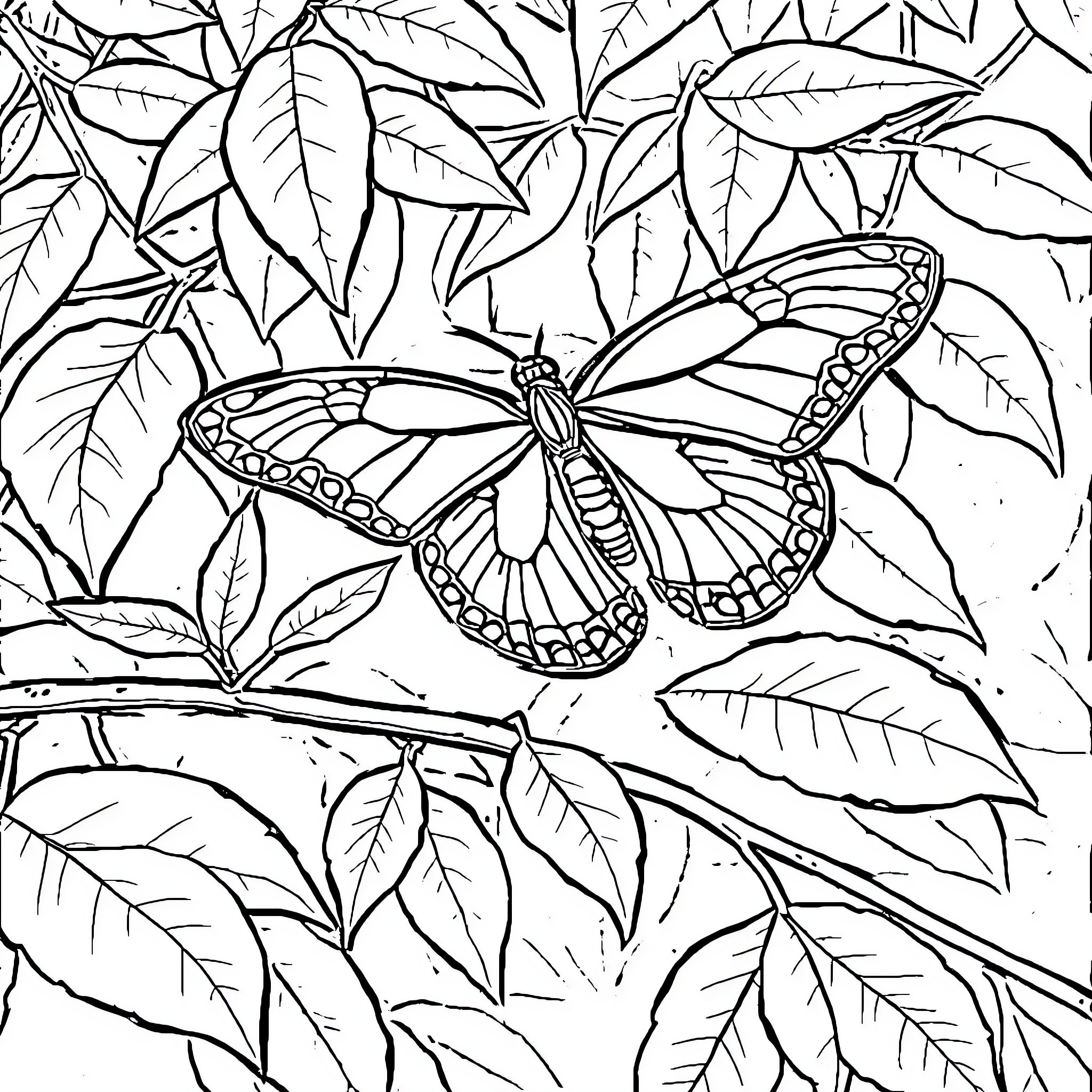 Butterfly amidst lush foliage Coloring Page (free black-and-white line drawing printable PDF for all, from beginners to advanced learners, including children, teens, adults, and seniors)