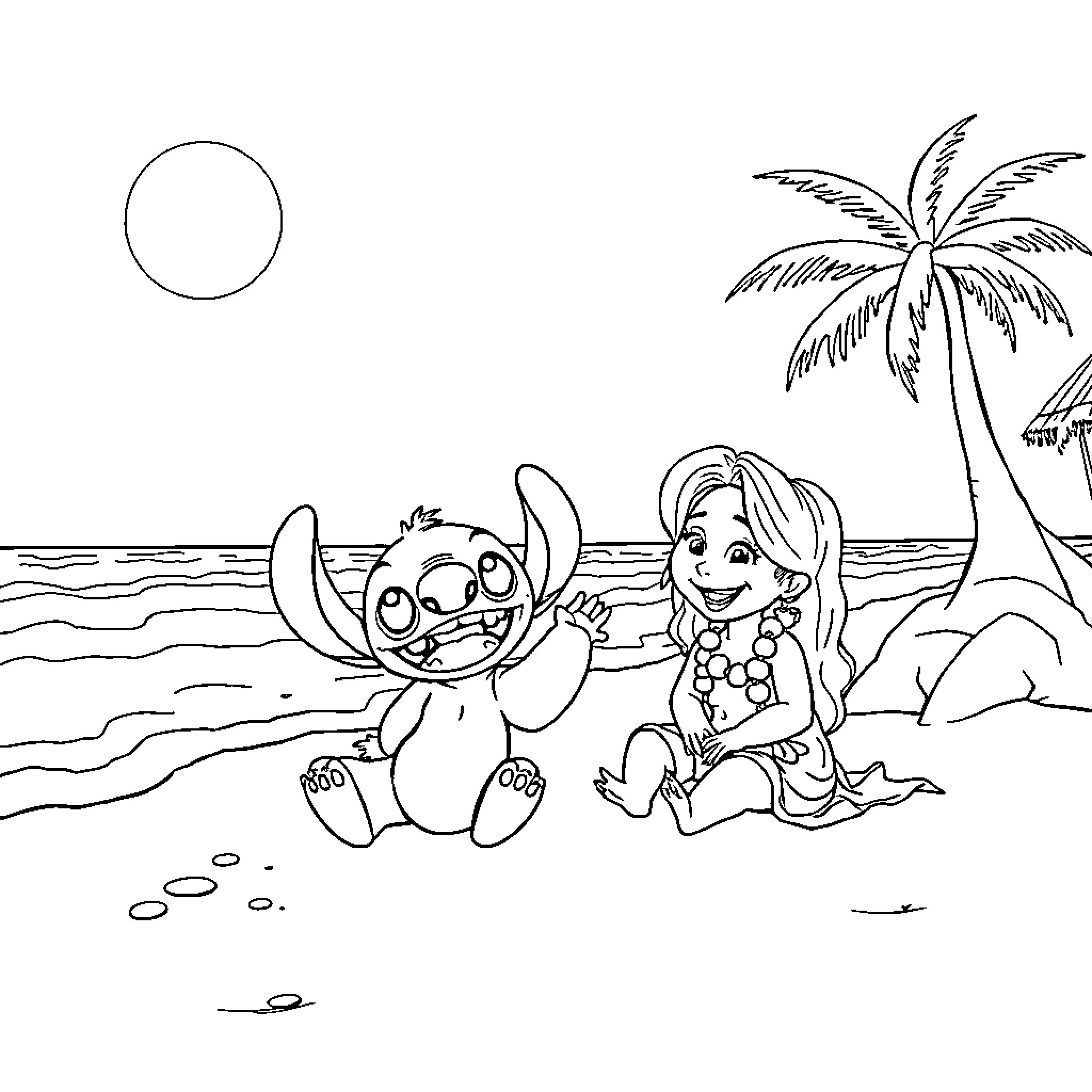 Lilo playing happily with friendly creature on the beach Coloring Page (free black-and-white line drawing printable PDF for all, from beginners to advanced learners, including children, teens, adults, and seniors)