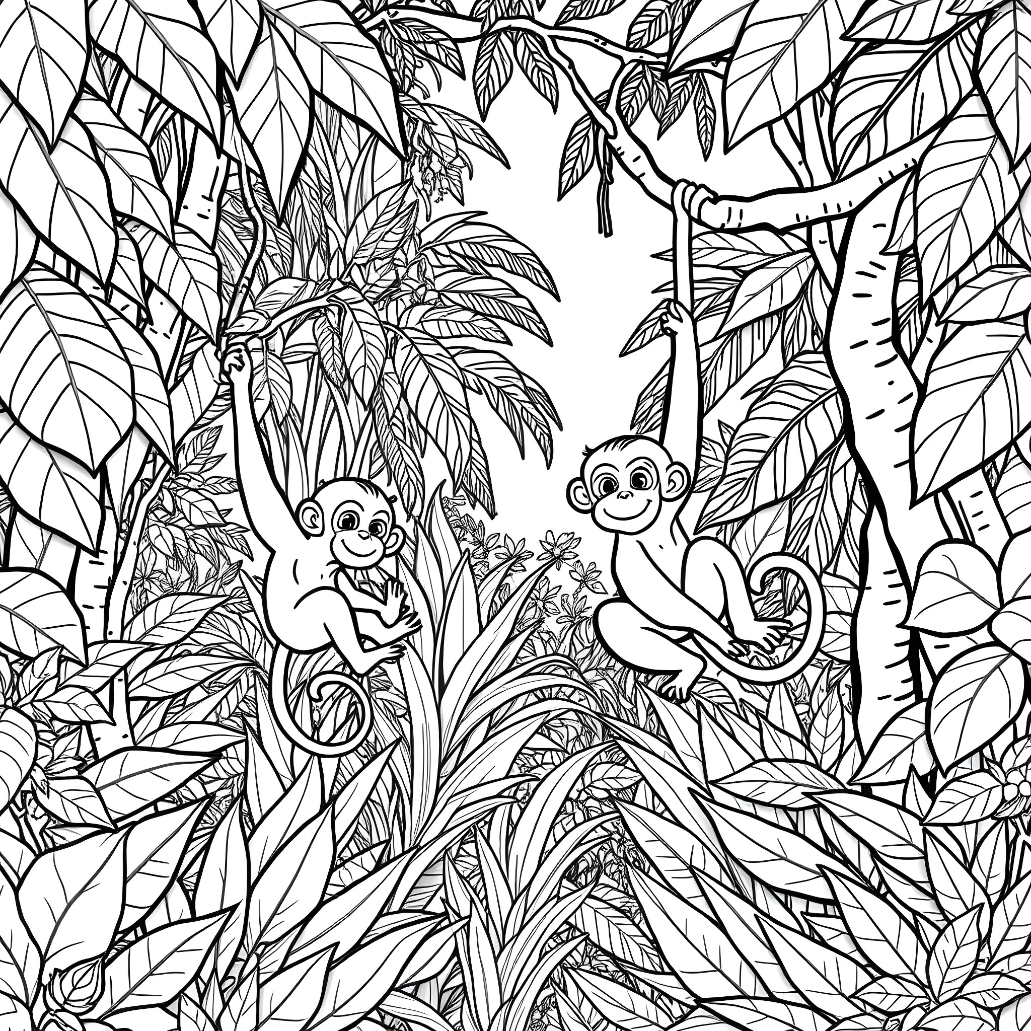 Monkeys playing cheerfully in the lush jungle Coloring Page (free black-and-white line drawing printable PDF for all, from beginners to advanced learners, including children, teens, adults, and seniors)