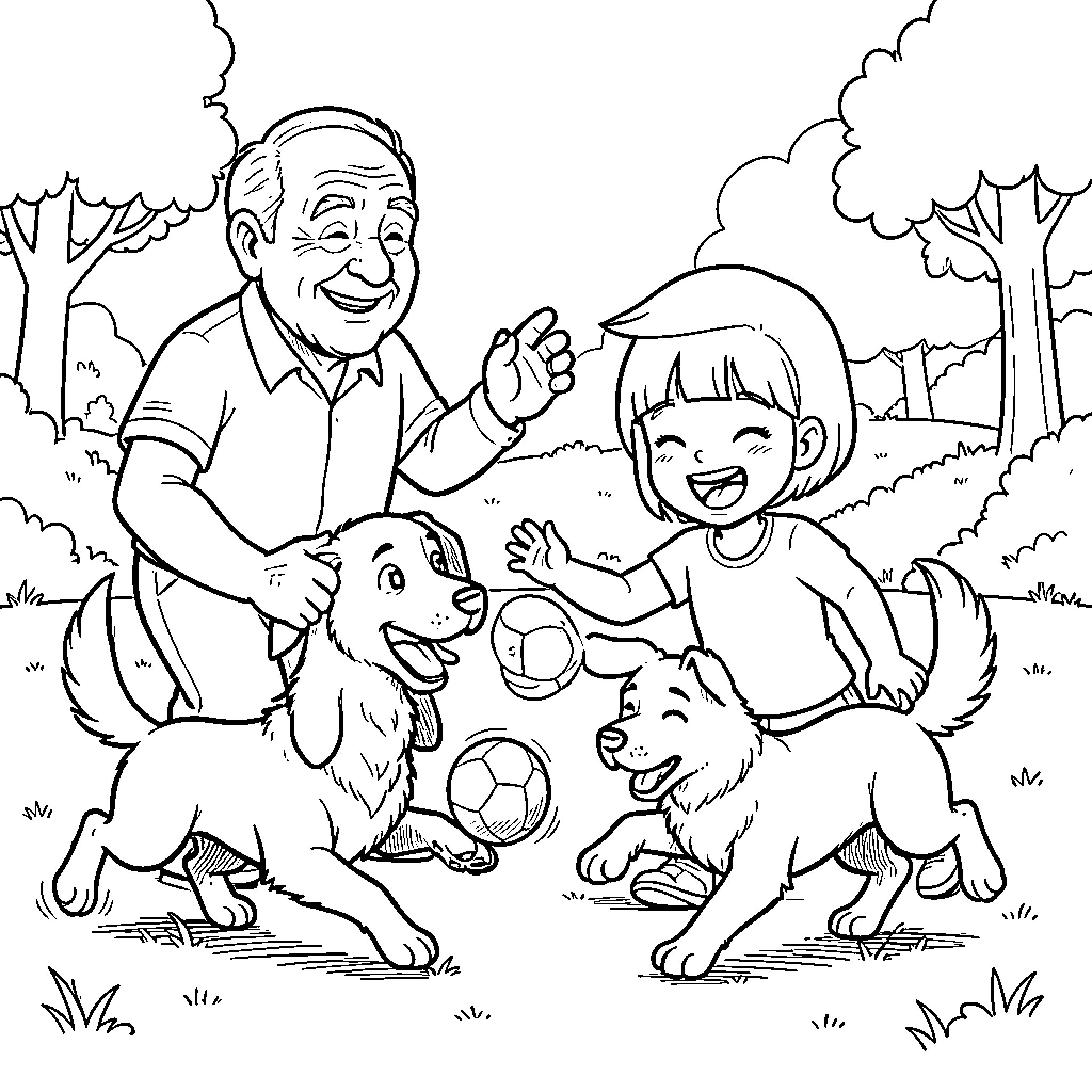 Perro playing with children in the park Coloring Page (free black-and-white line drawing printable PDF for all, from beginners to advanced learners, including children, teens, adults, and seniors)