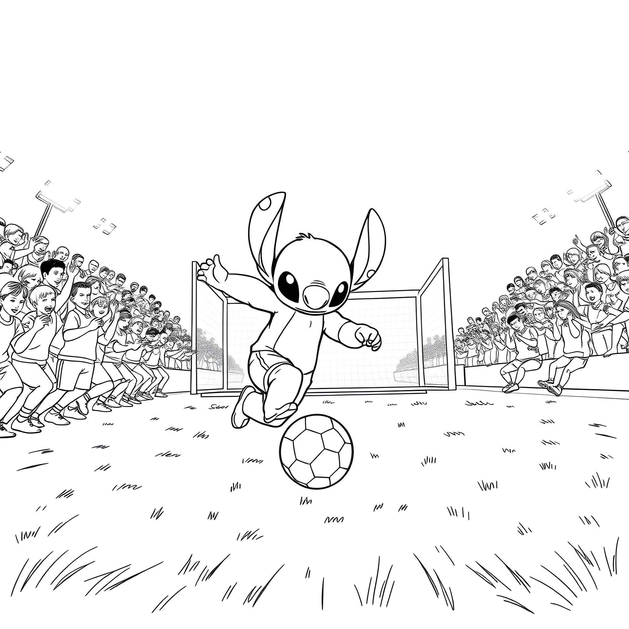 Stitch playing soccer with crowds in the stadium Coloring Page (free black-and-white line drawing printable PDF for all, from beginners to advanced learners, including children, teens, adults, and seniors)