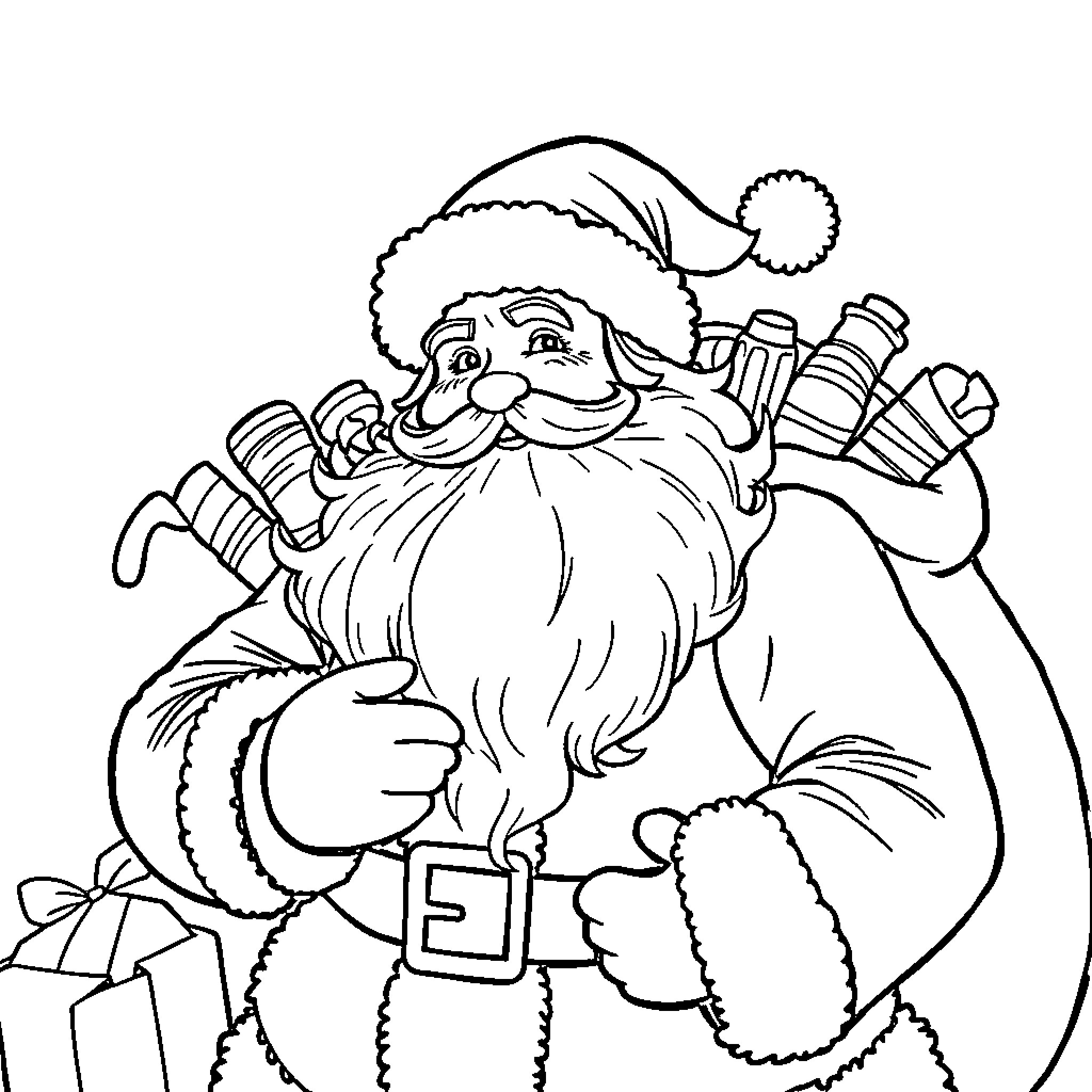 Santa Claus delivering gifts with a joyful expression Coloring Page (free black-and-white line drawing printable PDF for all, from beginners to advanced learners, including children, teens, adults, and seniors)