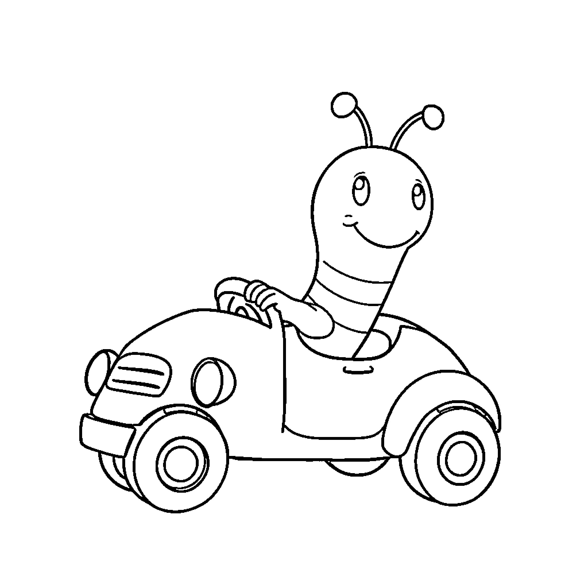 Glow Worm riding a toy car happily Coloring Page (free black-and-white line drawing printable PDF for all, from beginners to advanced learners, including children, teens, adults, and seniors)