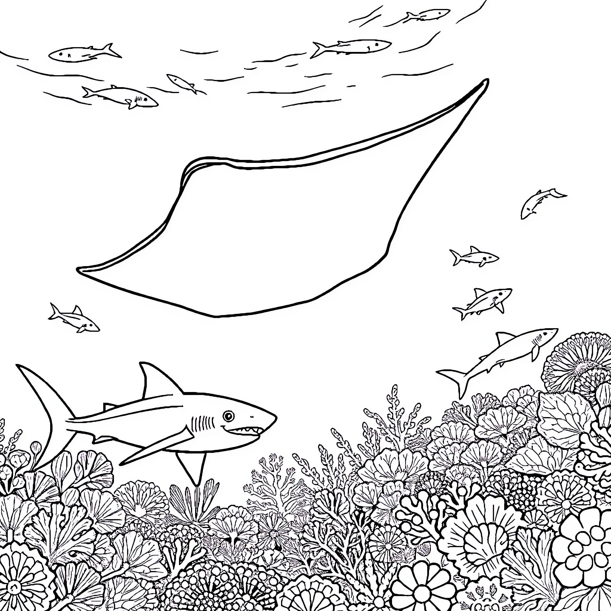 Manta Ray gliding over a vibrant coral reef Coloring Page (free black-and-white line drawing printable PDF for all, from beginners to advanced learners, including children, teens, adults, and seniors)