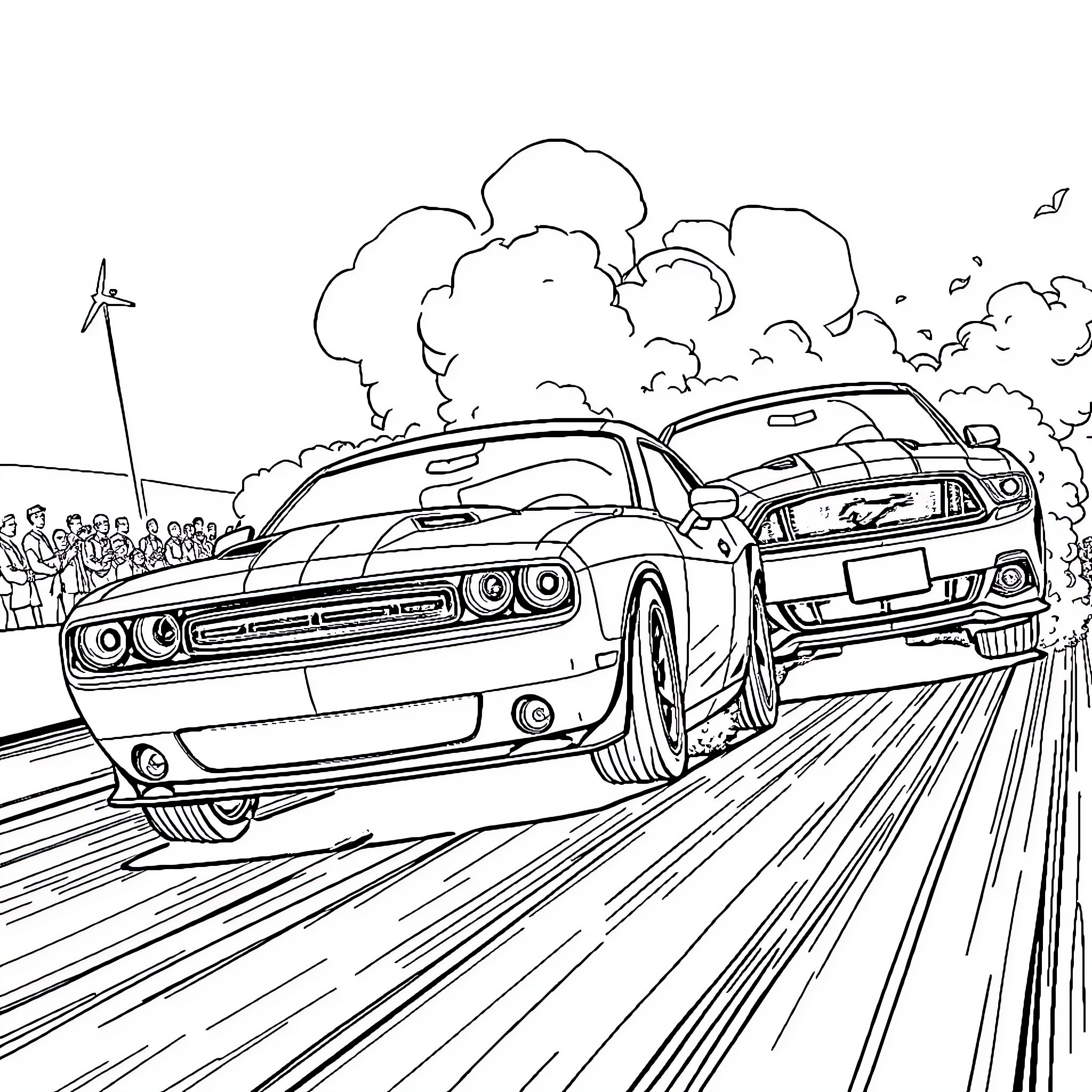 Dodge Challenger racing at high speed on the road Coloring Page (free black-and-white line drawing printable PDF for all, from beginners to advanced learners, including children, teens, adults, and seniors)