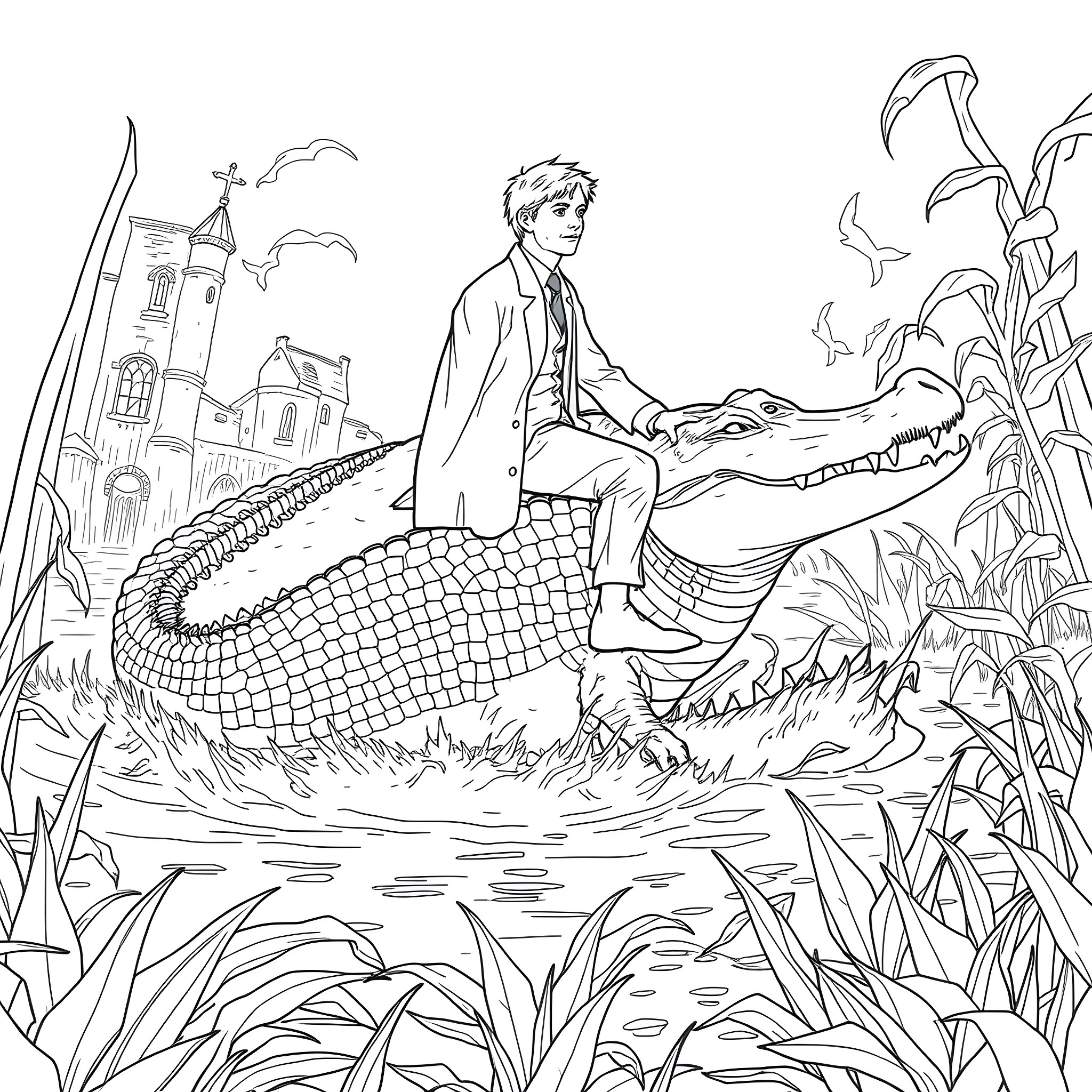 Draco Malfoy riding a magical creature in a fantastical landscape Coloring Page (free black-and-white line drawing printable PDF for all, from beginners to advanced learners, including children, teens, adults, and seniors)