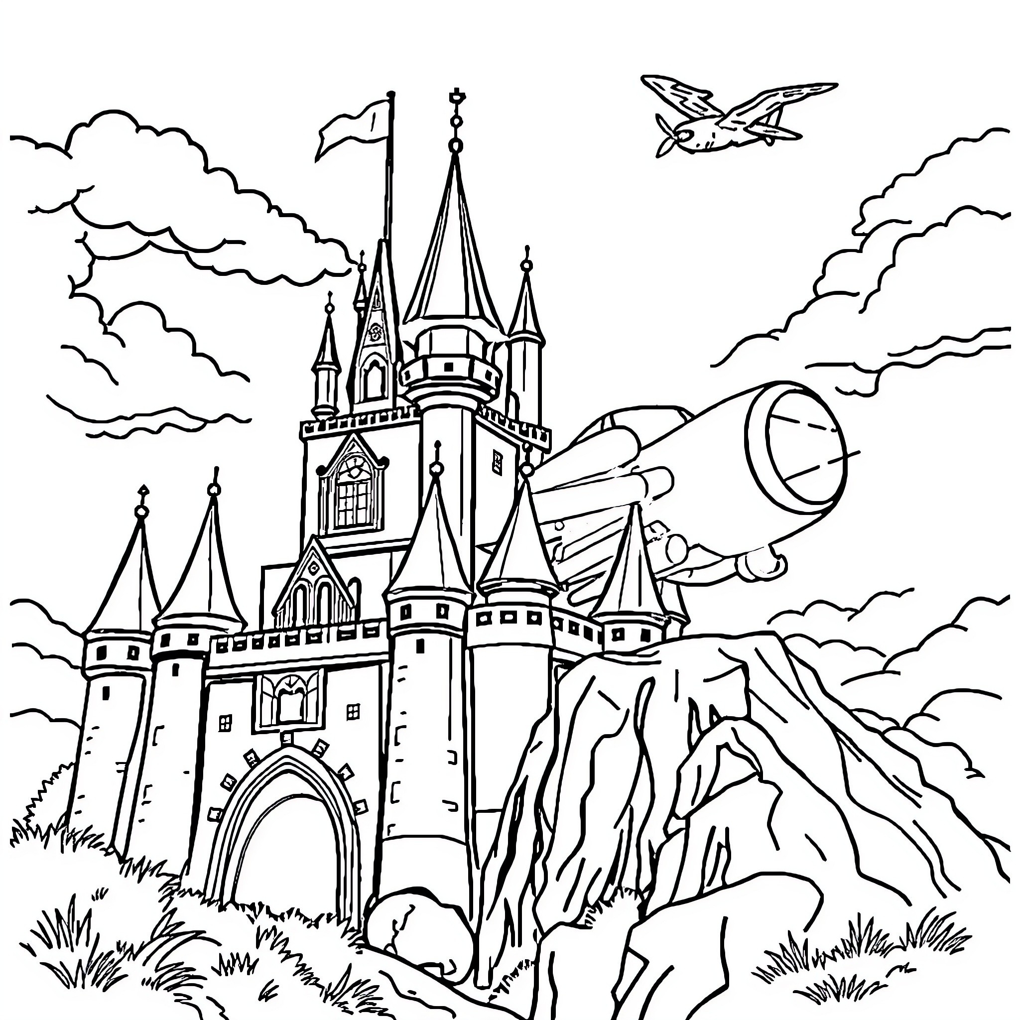Castle with Dragon and Landscape Coloring Page (free black-and-white line drawing printable PDF for all, from beginners to advanced learners, including children, teens, adults, and seniors)