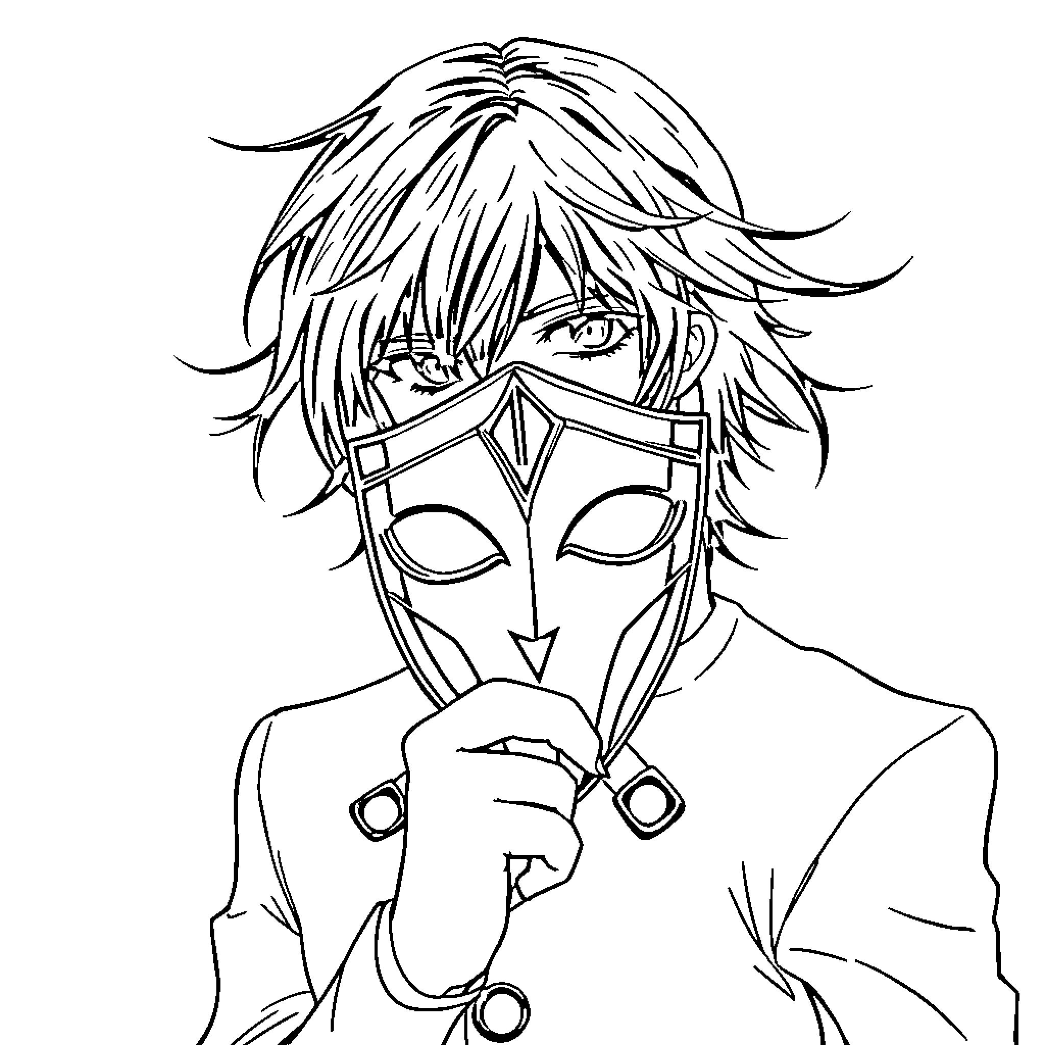 Lelouch with a mysterious mask Coloring Page (free black-and-white line drawing printable PDF for all, from beginners to advanced learners, including children, teens, adults, and seniors)