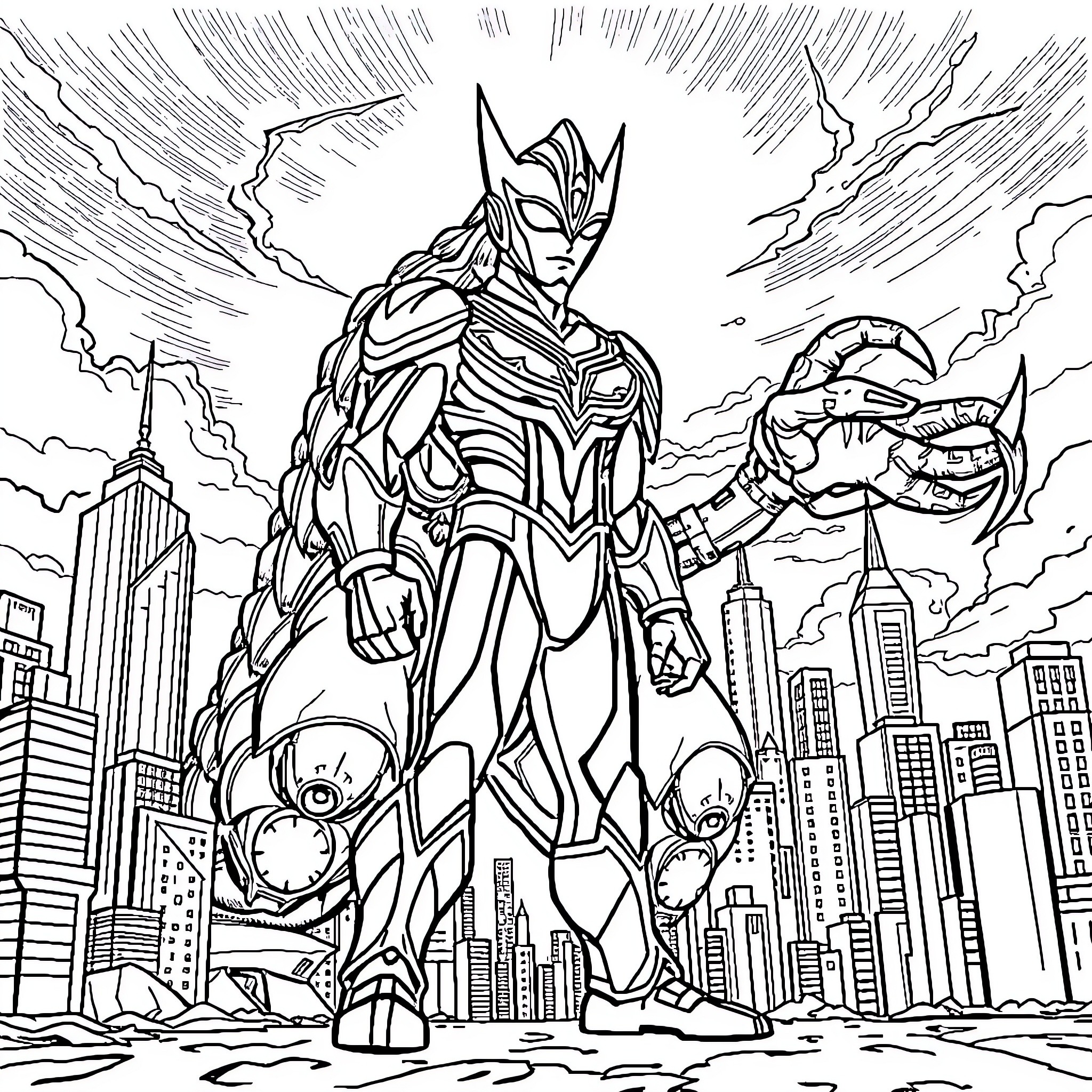 Ultraman Defending the City from Monsters Coloring Page (free black-and-white line drawing printable PDF for all, from beginners to advanced learners, including children, teens, adults, and seniors)