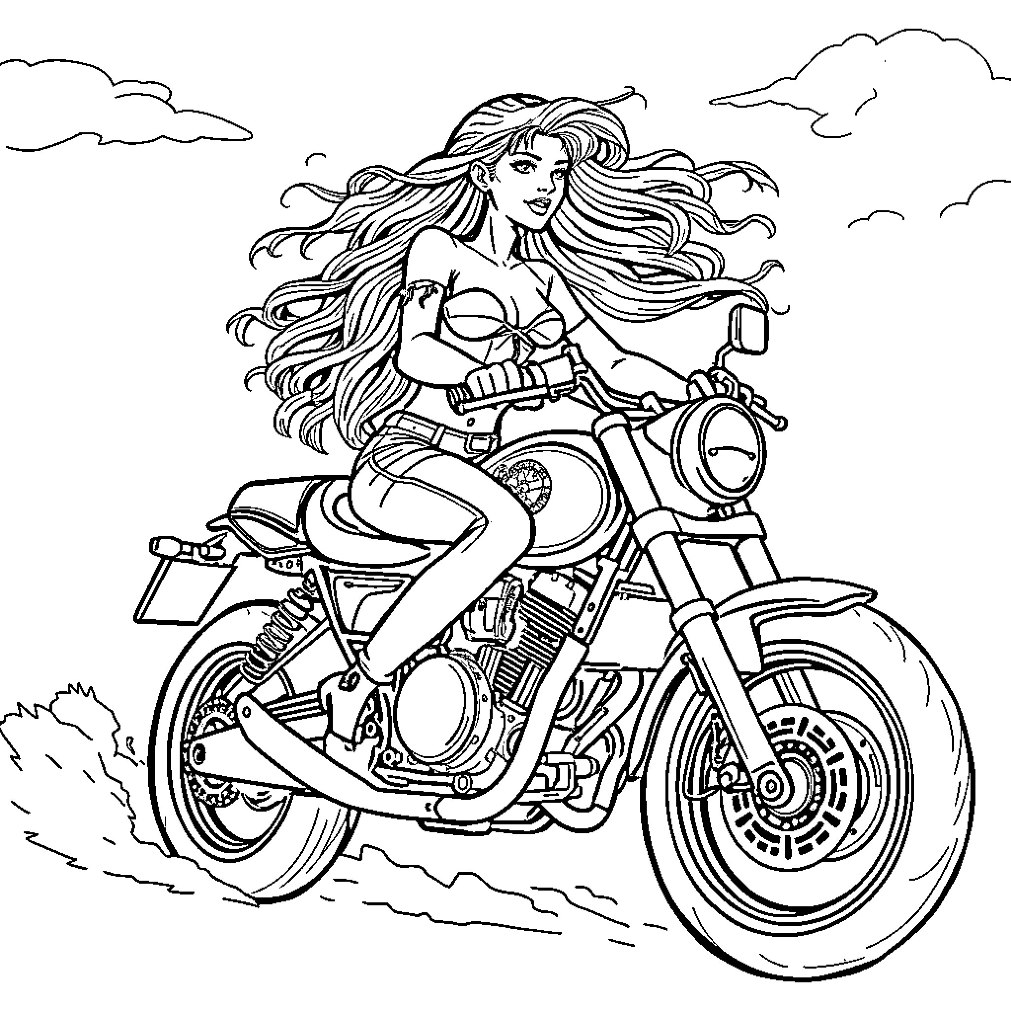 Raiponce riding a stylish motorcycle through the clouds Coloring Page (free black-and-white line drawing printable PDF for all, from beginners to advanced learners, including children, teens, adults, and seniors)